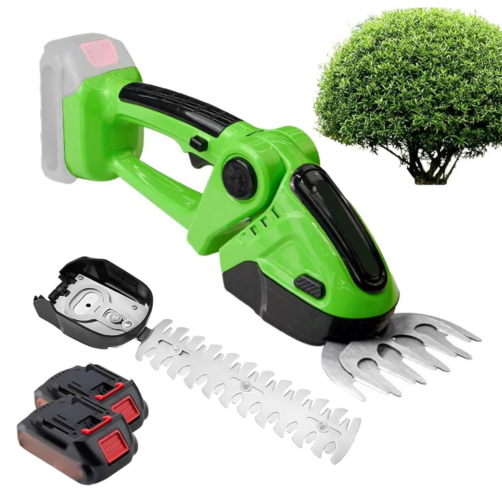 Cortasetos eléctrico de mano, recortadora de arbustos inalámbrica con 2 baterías y cabezal giratorio de 90°, 18000 RPM, perfecto para el mantenimiento del jardín y el césped