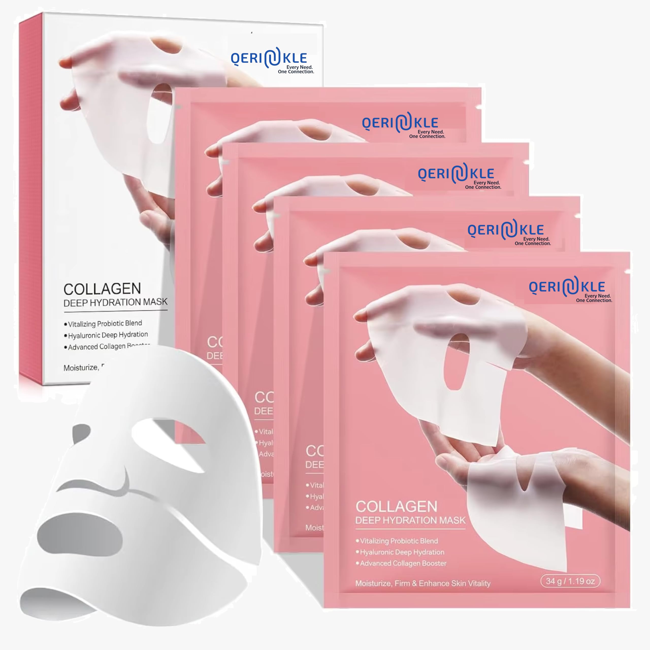 QERINKLE Pack of 4 Bio-Collagen Real Deep Mask, Hydrating Overnight Hydrogel Mask, Pore Minimizing, Elasticity, Plumping Improvement, Korean Skin Care, Valentines Day Gifts to your Loved One.