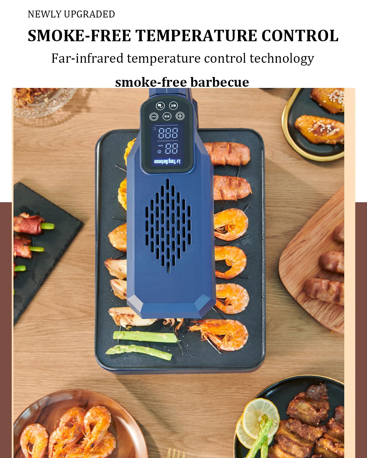 Grill elektryczny bezdymny 1100 W, grill wewnętrzny z regulacją temperatury i timerem, powłoka nieprzywierająca Zdejmowane płyty grillowe z gniazdem olejowym, do mięs Warzywa Ryby blue
