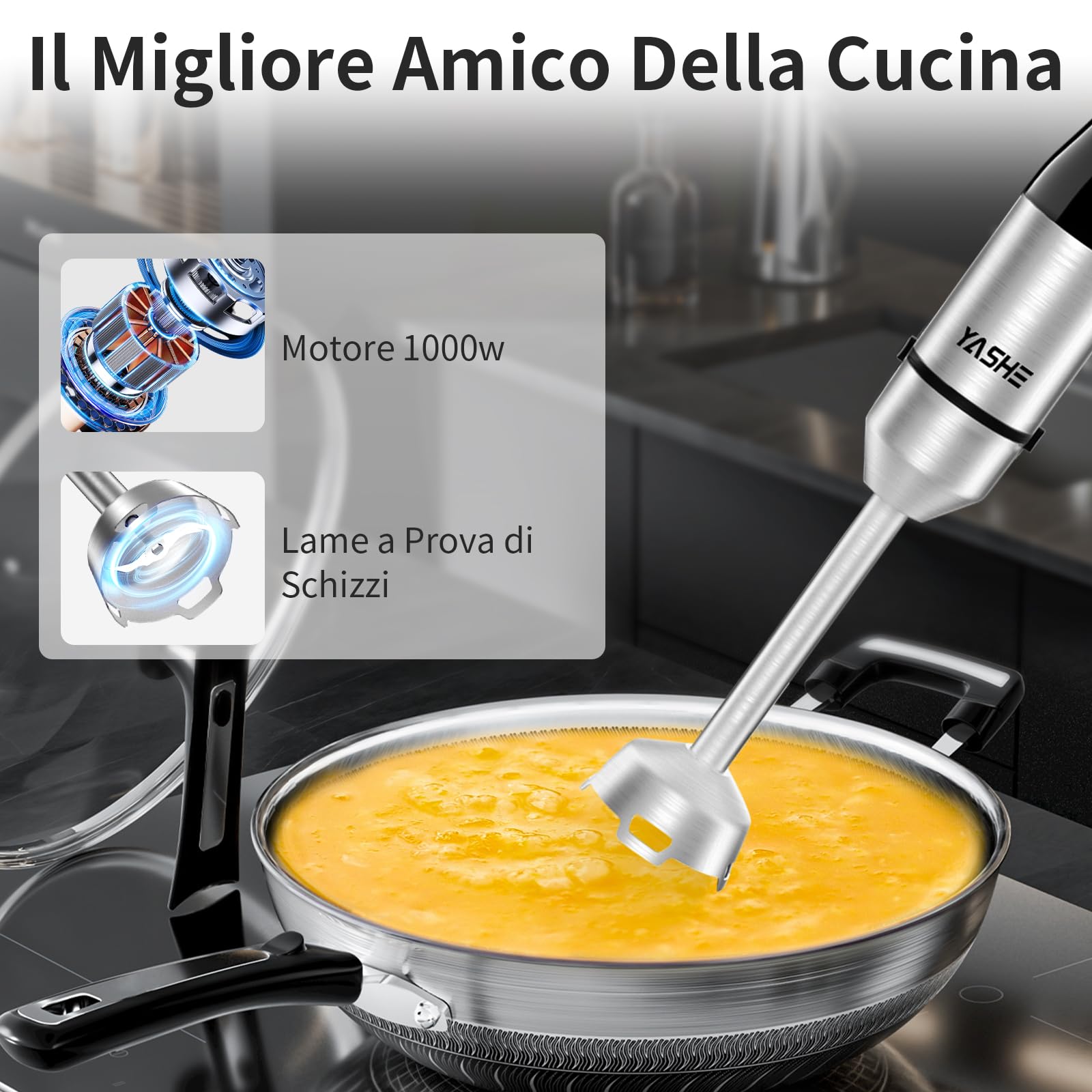 Frullatore a Immersione 5 in 1, Frullatore Elettrico 1000W, Velocità Regolabile Continuamente, Set Frullatore in Acciaio Inossidabile con Tritatutto da 500ml, Bicchiere Graduato, Frusta e Montalatte