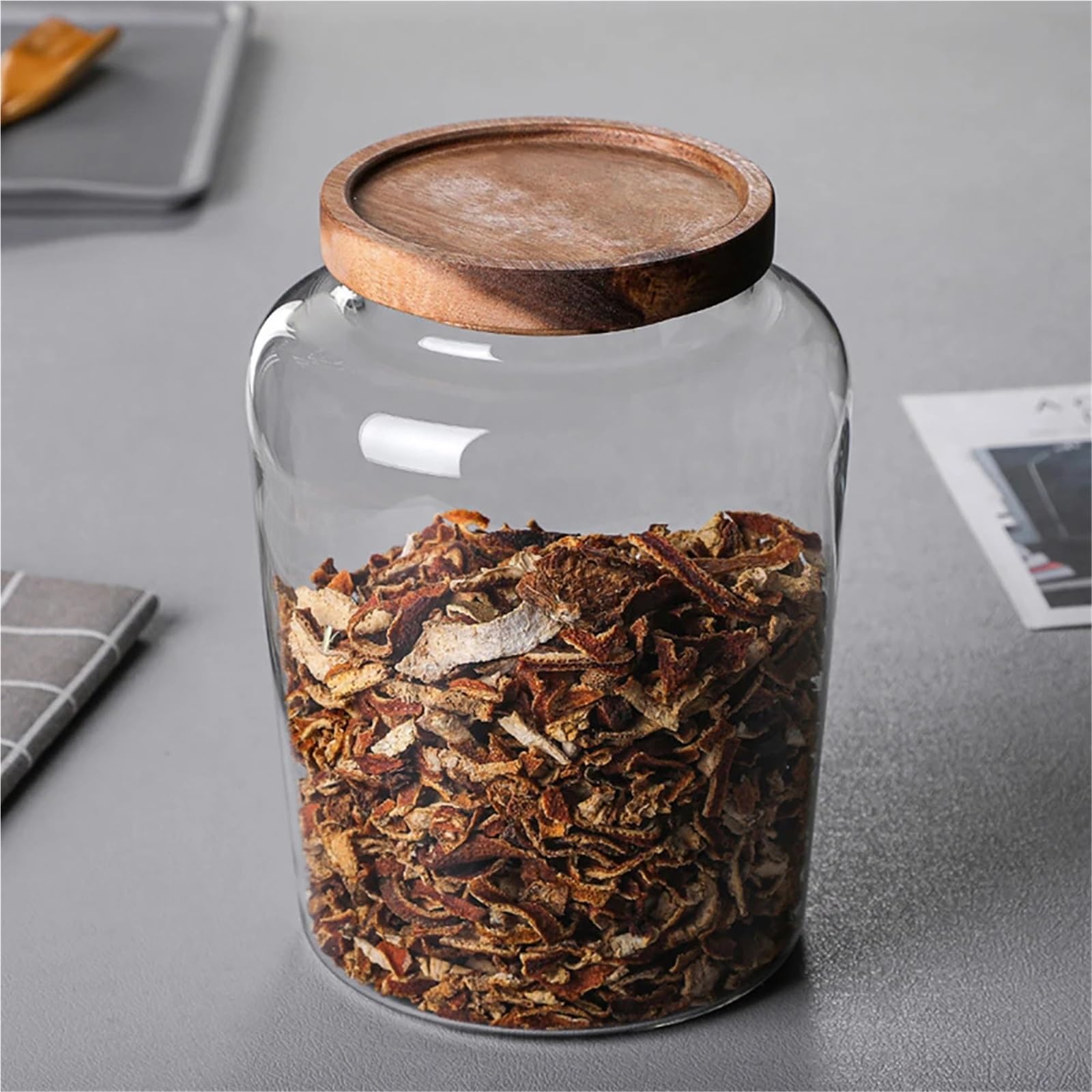 Aufbewahrungsglas Trockenfrüchte 2 Stück Küchen-Aufbewahrungsflaschen, Glas, luftdichte Kanister, Körner, Tee, Kaffee, Bohnen, Körner, Süßigkeiten, Trockenfrüchte, Gläser, Holzdeckel, Behälter, Lebens