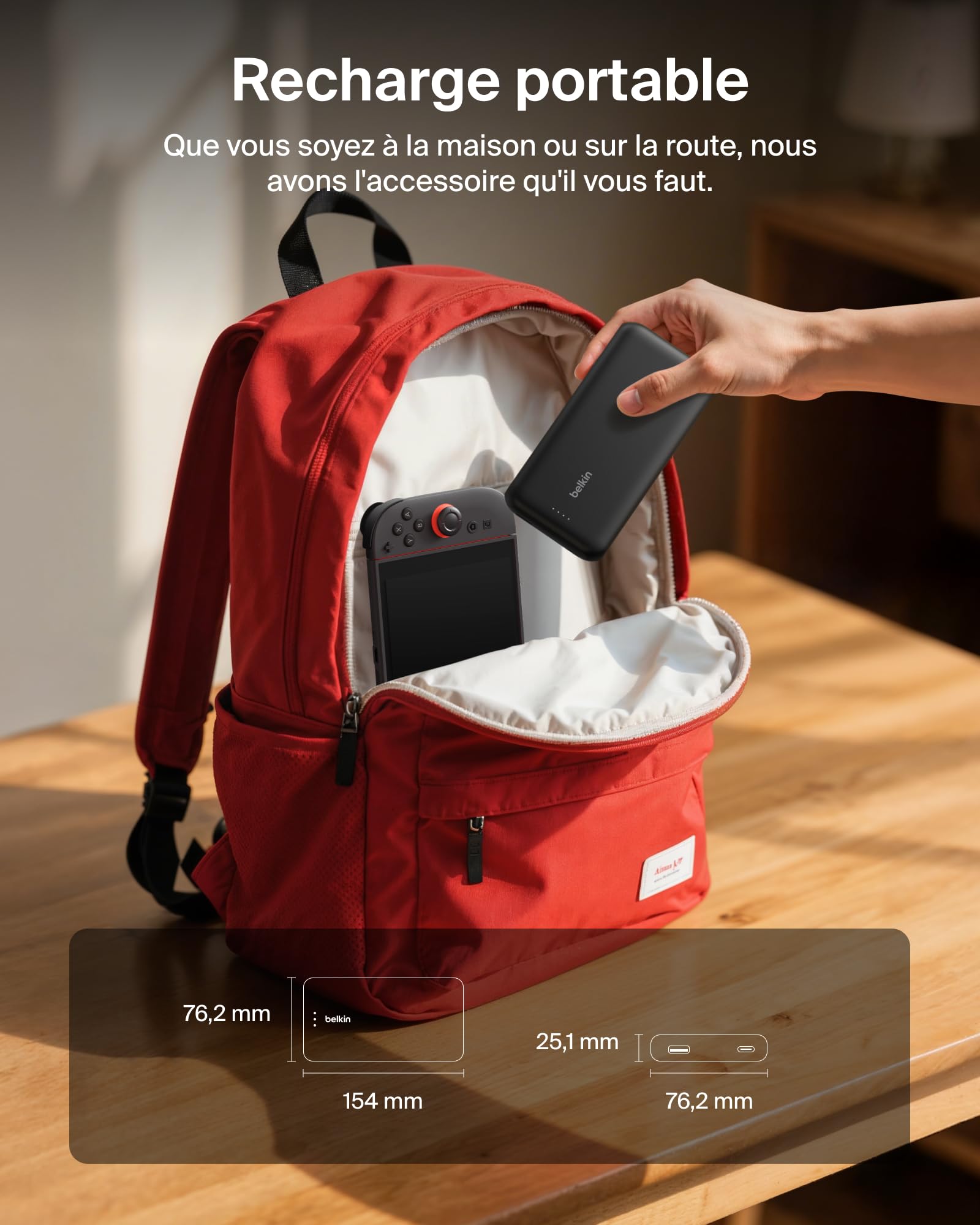 Belkin Gaming Batterie Externe 20000mAh, 30W avec câble USB-C intégré (Recharge Rapide USB-C PD, Chargeur Portable pour Nintendo Switch 2, iPhone 16, iPad Pro, Galaxy S25, etc., Noir)