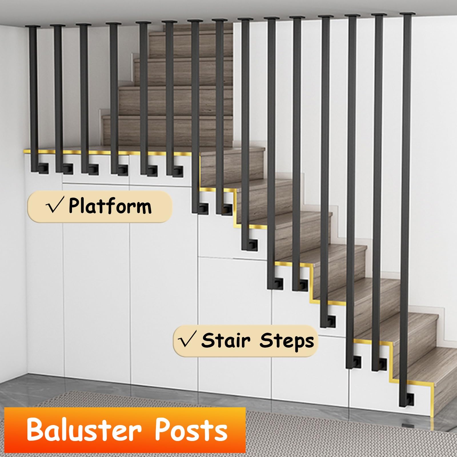 słupki balustrad schodowych, Słupki i pręty balustrad, poręcze kwadratowe do korytarzy(Gold(1 Pack),H 2.2m/7.2ft)