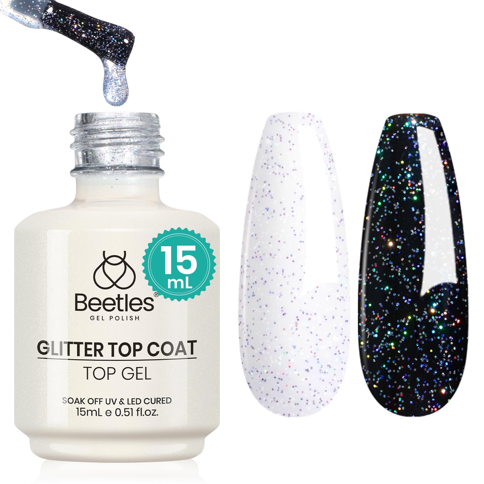 beetles Gel Polish Glitter Top coat Gel Polish 15ml Reflective Silver Mix Glitter Shiny Gel Nail Polish No Wipe Uv Gel Top Coat Nail Decoration Nail Art Sparkle Manicure DIY Home Salon