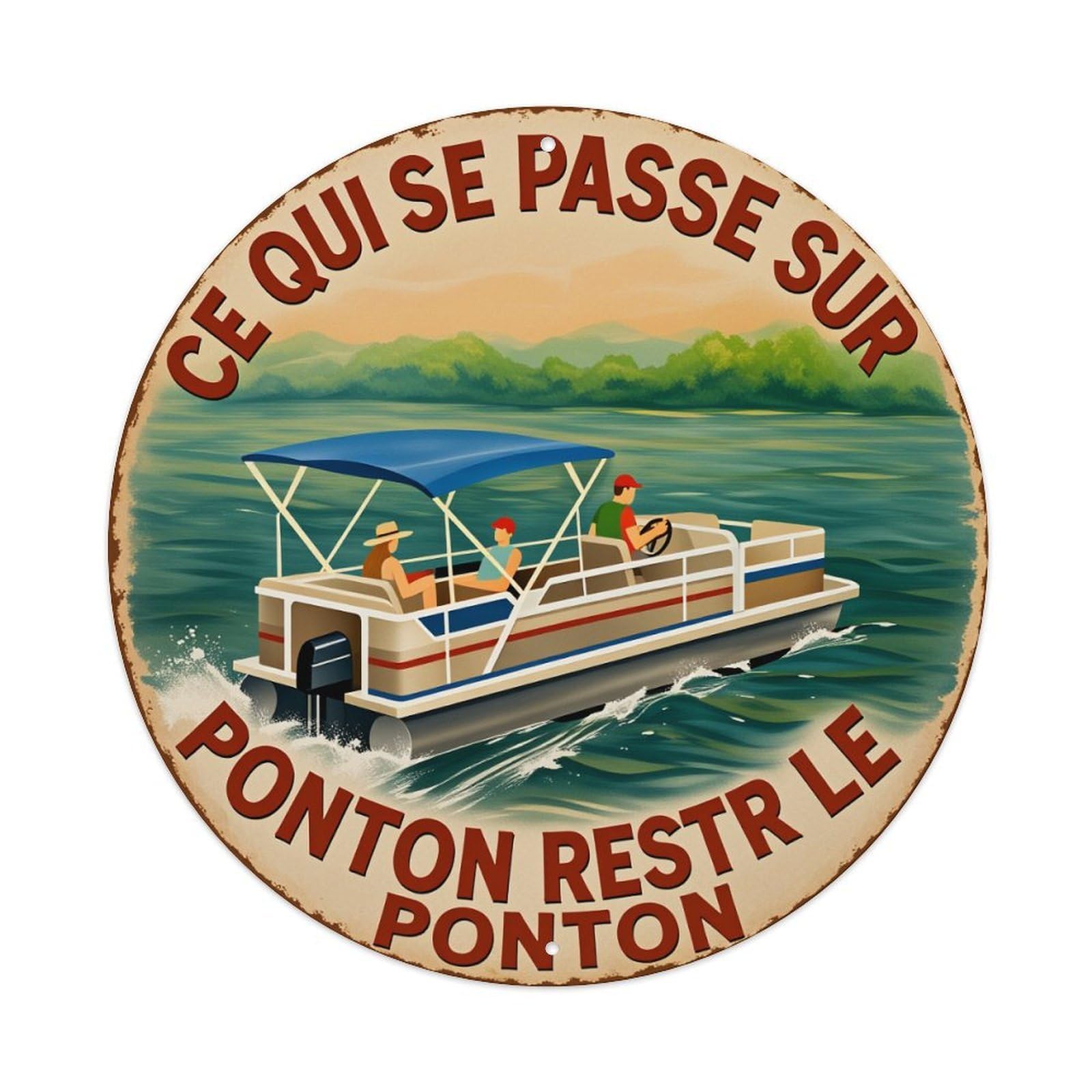 Lzwbntey Vintage Boat Ride On Water Scene Metal Tin Sign Retro Wall Decor For Home Bar Garage Cafe, Indoor & Outdoor Decorative，Circle Metal Poster, 8X8 Inch