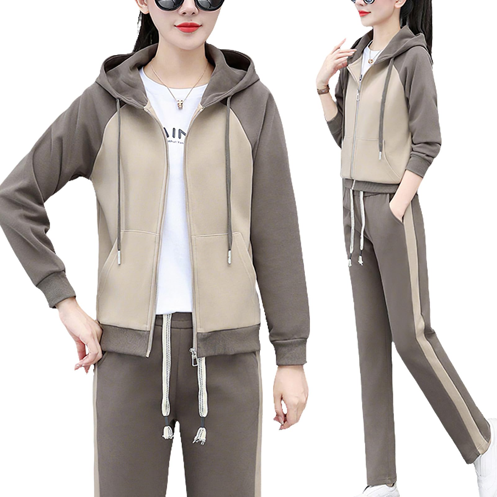 amropi Femme Survêtement doublée de Fourrure Ensemble Veste Sweat à Capuche Jogging Pantalon Tenue de Sport