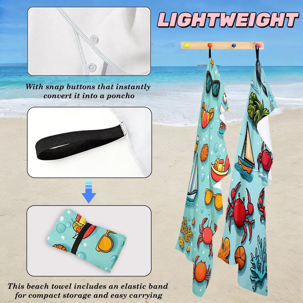 Serviette de Plage Microfibre, Lot de 2 Serviette de Bain Grande Taille 90x180 cm, Séchage Rapide Drap de Bain Crabe, Anti Sable Serviettes de Plage, Serviettes Microfibre Sport pour Travel -4778
