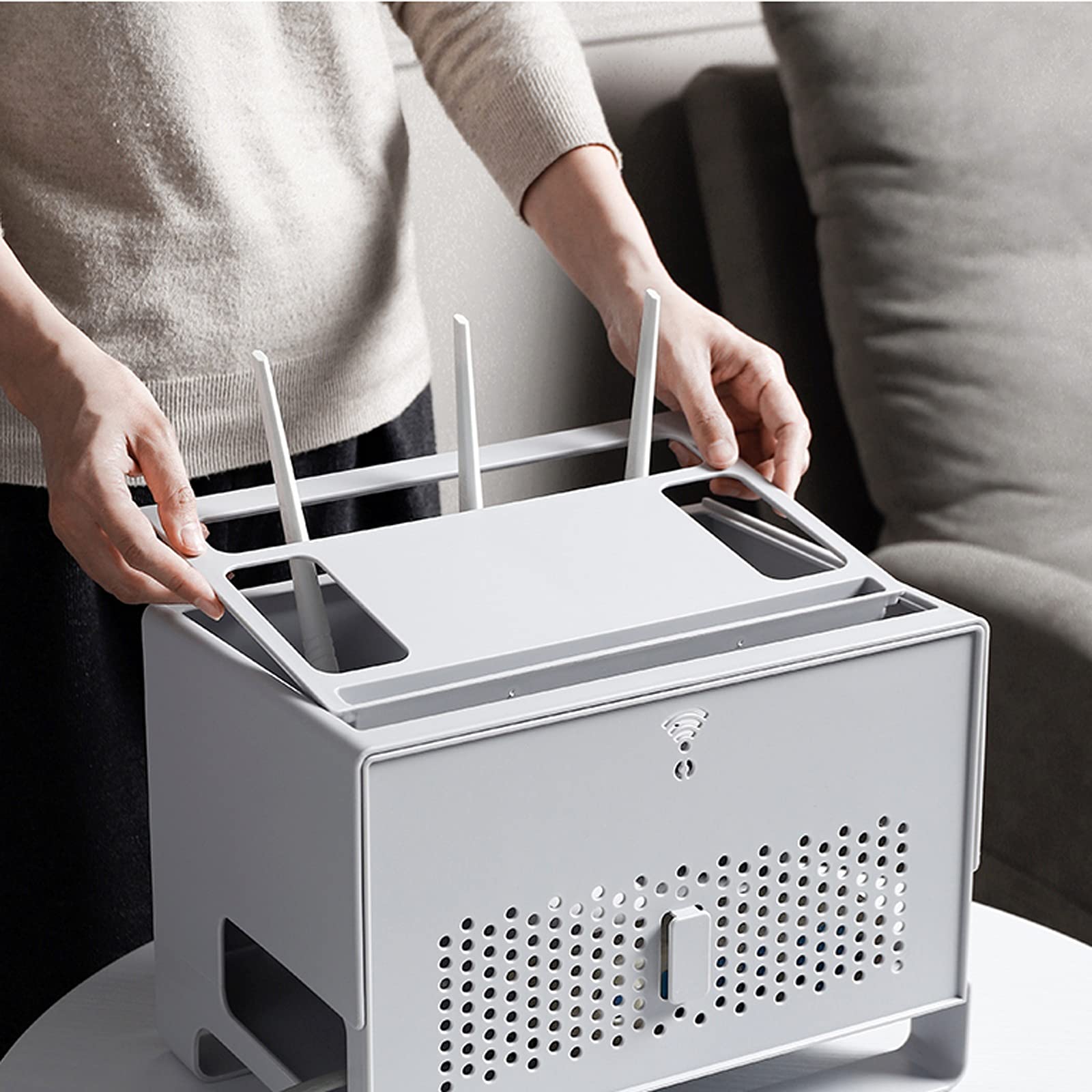 Kabelmanagementbox Multifunktionale Aufbewahrungsbox für drahtlose Router Große Kabelmanagementbox mit Abdeckung Abnehmbare Aufbewahrungsbox für Steckdosenleisten für das Heimbüro, Weiß/Grau Netzkab