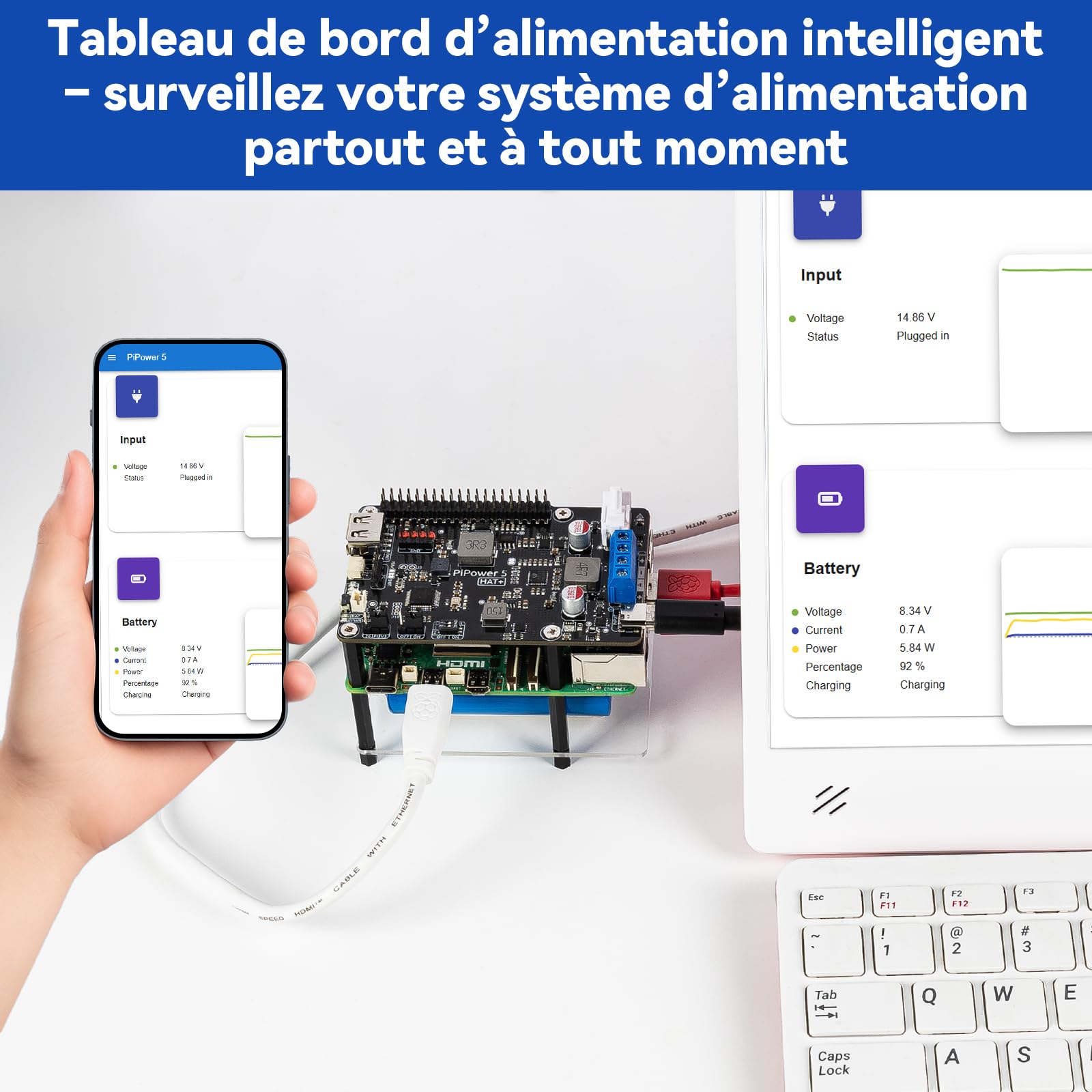 PiPower 5 UPS Hat pour Raspberry Pi 5/4B/3B+/Zero 2 W, Alimentation 5V/5A avec Batterie de Secours, arrêt sécurisé, alertes intelligentes, USB-C PD 45W pour NAS, Serveur et Home Assistant