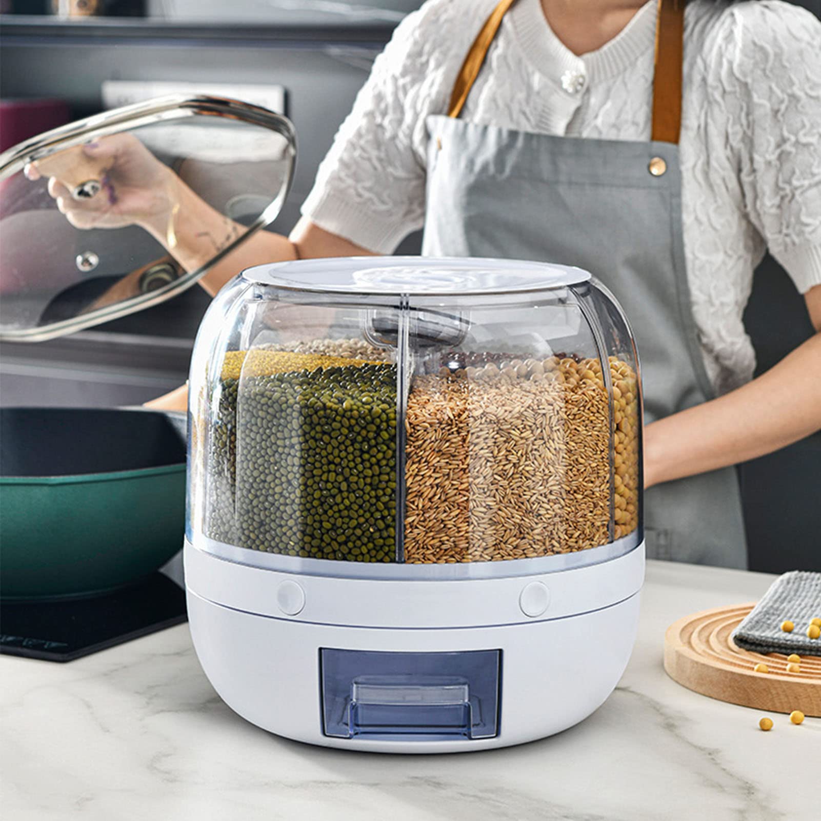 Wisecoco Contenitore Girevole per Cereali, Dispenser per Riso Rotante a 360°, 6 Griglie PP Dispenser per Alimenti, Contenitori per Alimenti Secchi con Coperchi Ermetici, Impermeabile (S 5KG)
