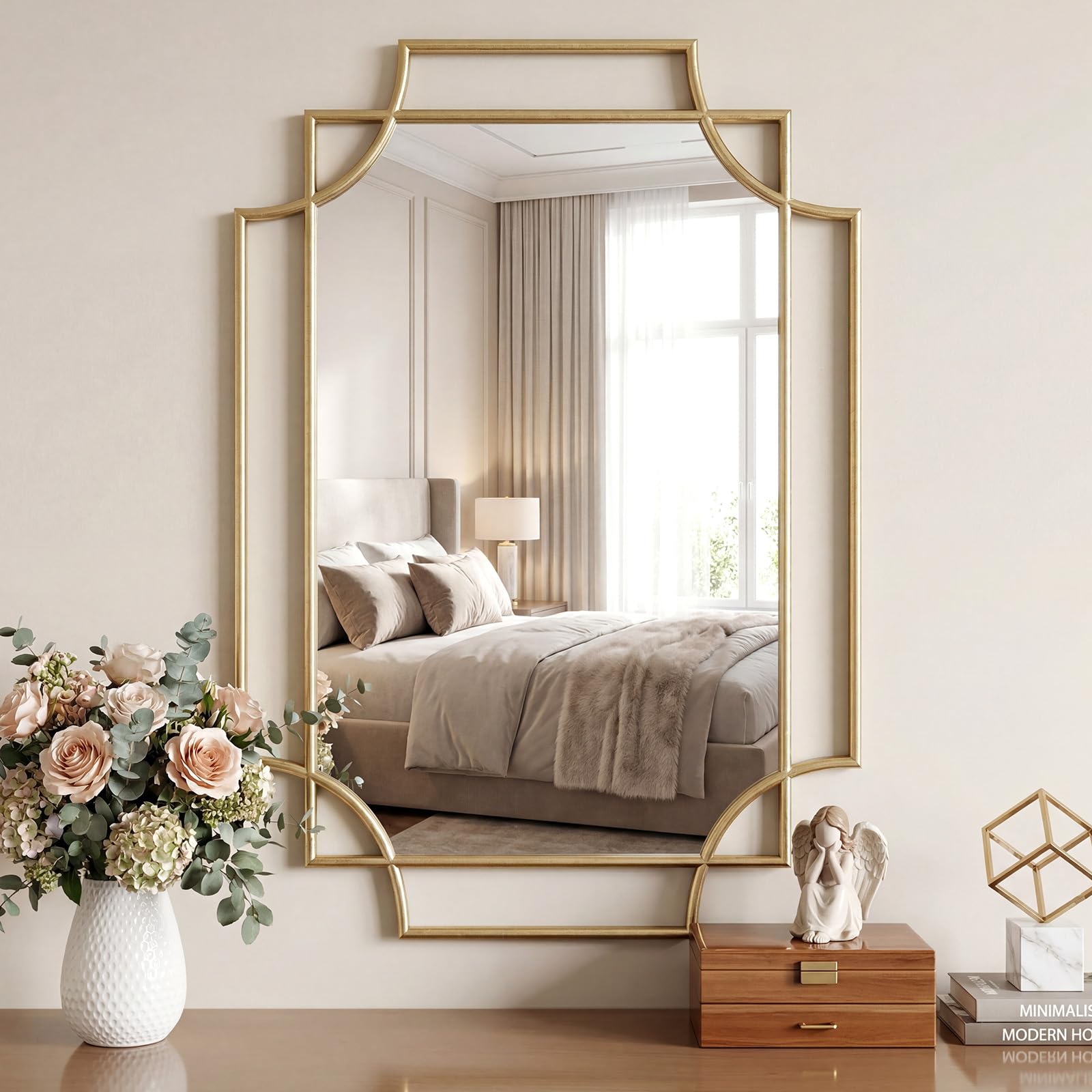 Gold Mirror for Wall, 36"x24" Gold Metal Framed, Scalloped Beveled Polished Rectangle Mirror, Large Decorative Mirrors for Wall Decor, Irregular Mirror for Living Room, Bathroom Vanity, Entryway