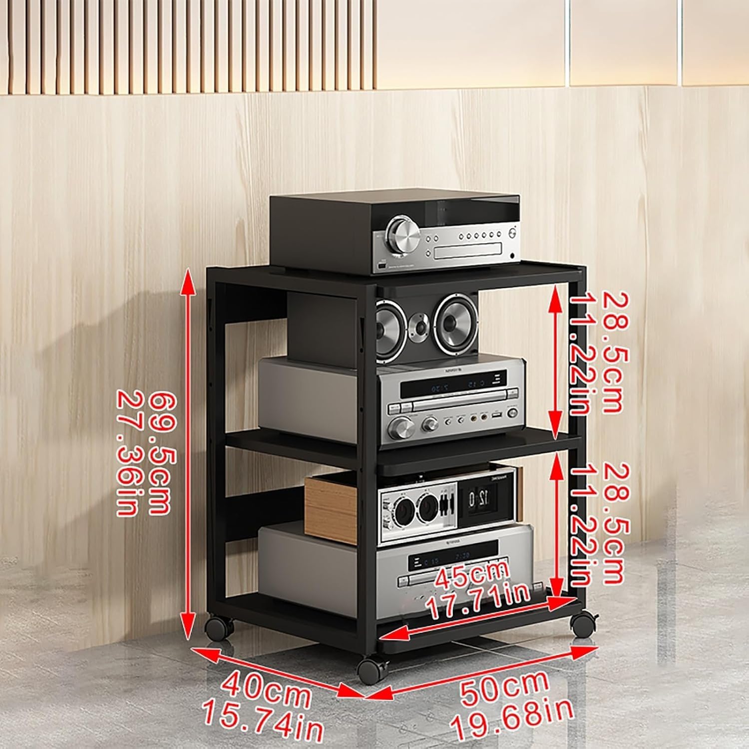 Stojak na sprzęt audio HiFi, 3/4-poziomowy stojak na sprzęt audio-video z kółkami, wielofunkcyjne, drewniane półki z regulacją wysokości, do przechowywania wzmacniacza/dekodera TV/drukarki (styl
