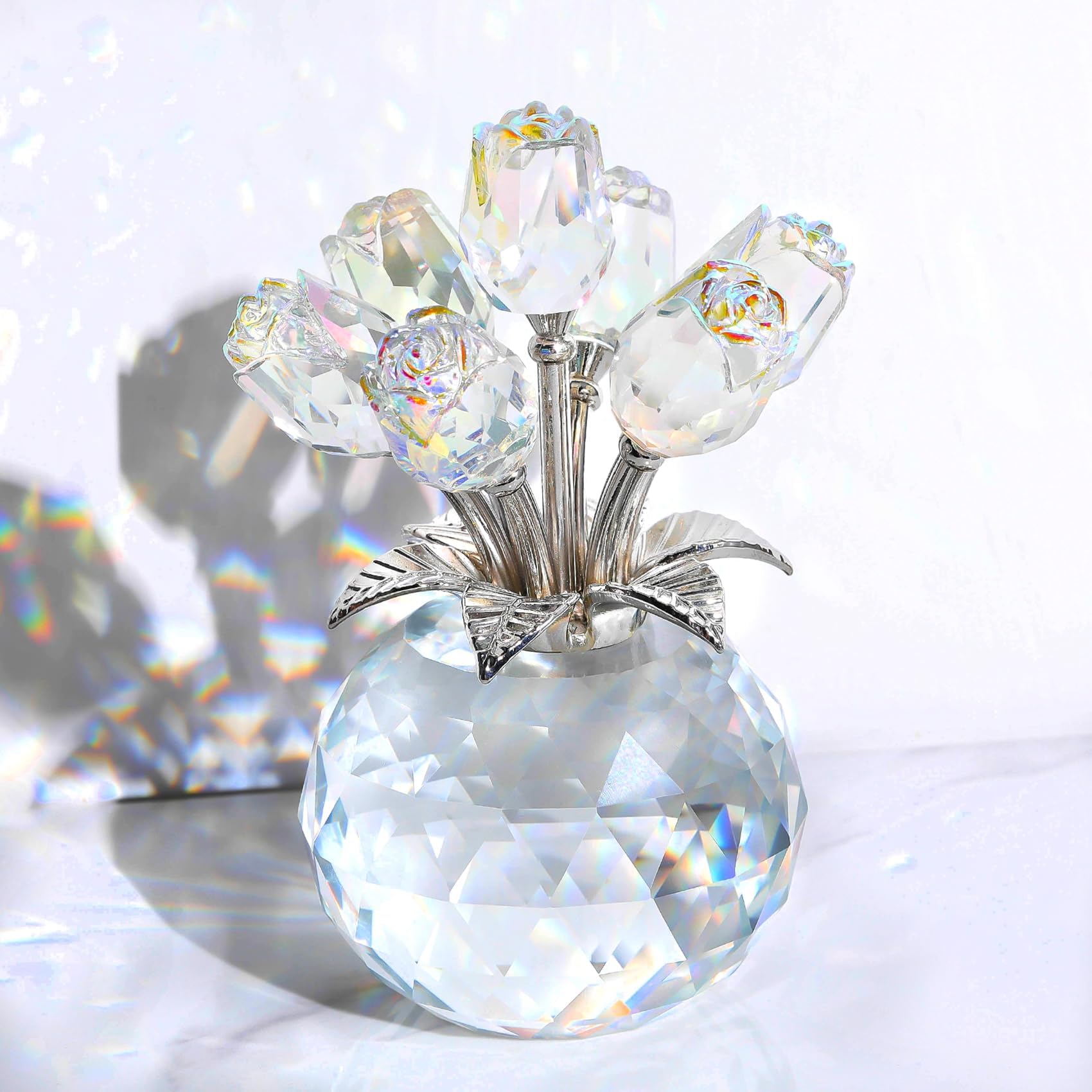 Crystal Clear Rose Bouquet Flower with Vase Figurine Ornament, Glass Roses Floral Collectible Romantic Gifts for Women Her Wife on Valentine's Christmas Anniversary Wedding Party Centerpiece