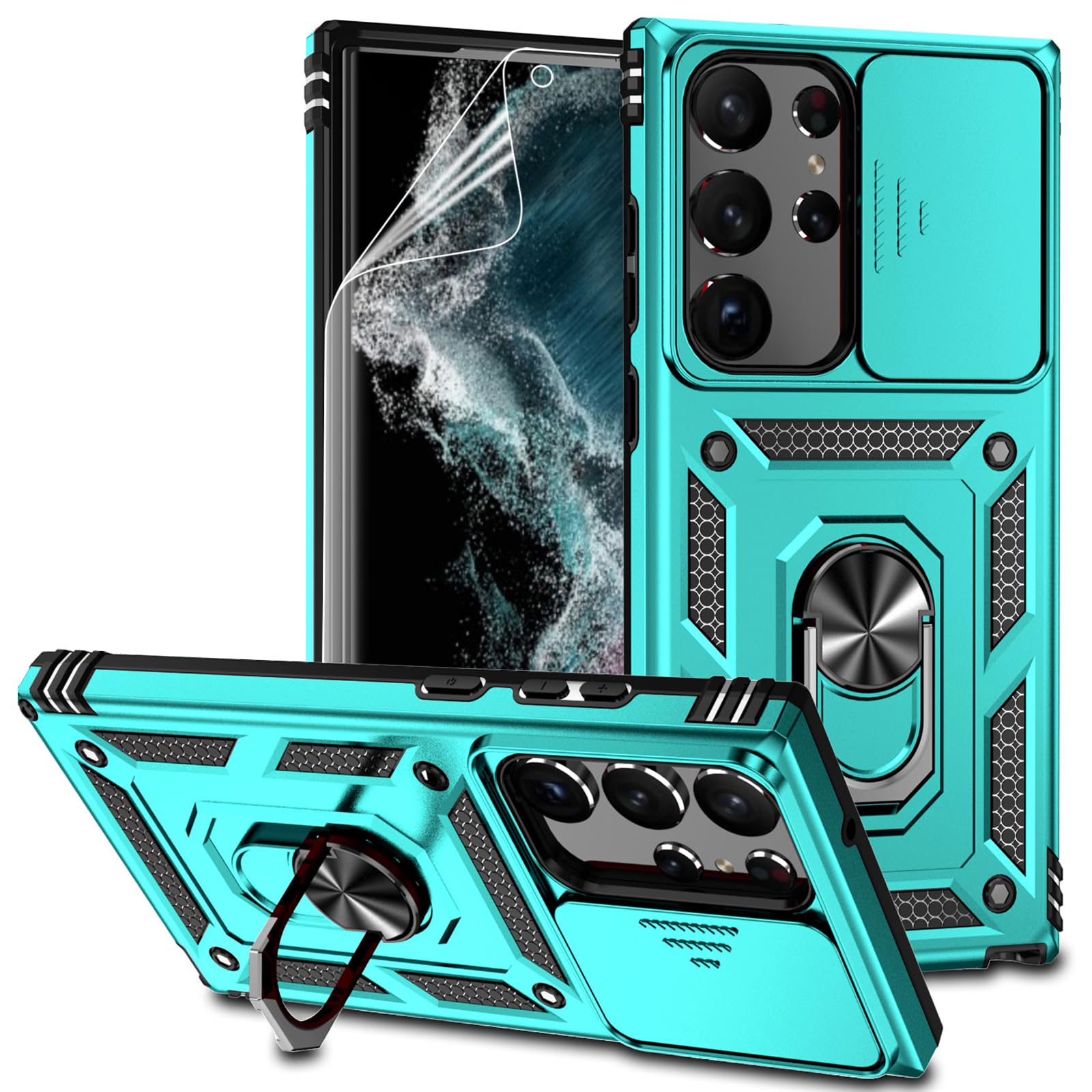 for Samsung Galaxy S23 Ultra Case with Slide Camera Cover HD Screen Protector [Military Grade Drop Tested] Magnetic Ring Holder Kickstand Protective