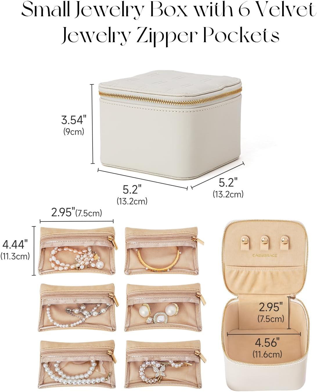 CASEGRACE Travel Jewelry Case, Jewelry Organizer with 6 Velvet Pouch Bags, Travel Jewelry Storage for Necklaces Rings Earrings, Gift for Women Girls, Beige White