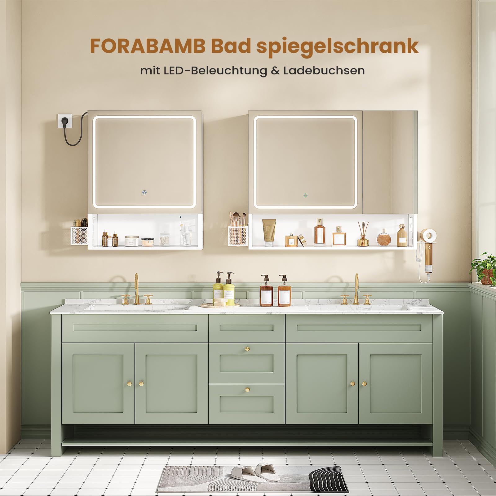 FORABMAB Armoire Toilette Miroir avec éclairage LED et Prise, Meuble Salle de Bain avec Miroir HD, Étagère Réglable, Panier Suspendu,Support pour Sèche-Cheveux,Armoire Salle de Bain,16x70x80 cm,Blanc
