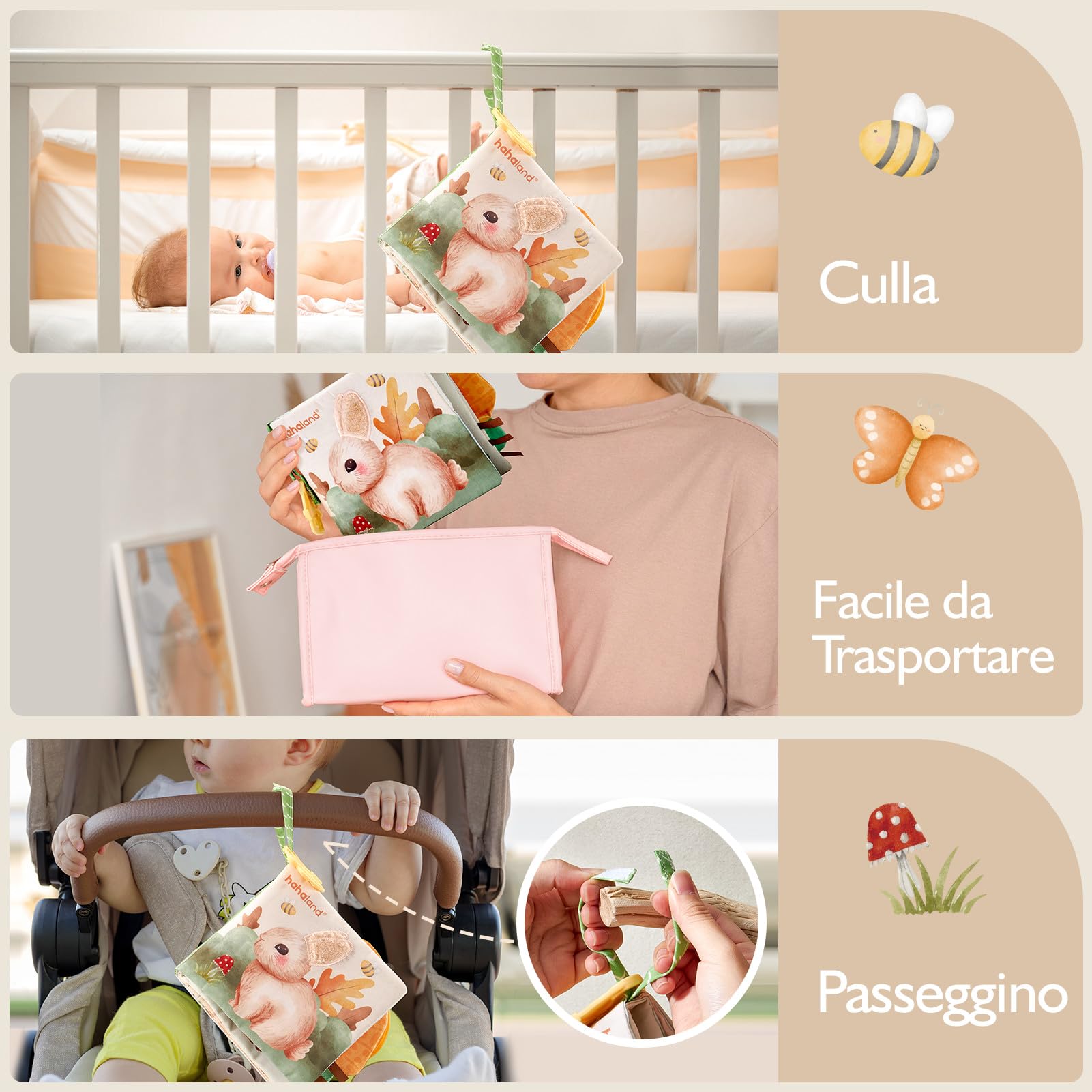 hahaland Libri di Stoffa Neonati 0-6 Mesi - Morbidi Animali Interattivi Libretto Tattile con Specchio - Giochi Sensoriali per Bimbo Bimba