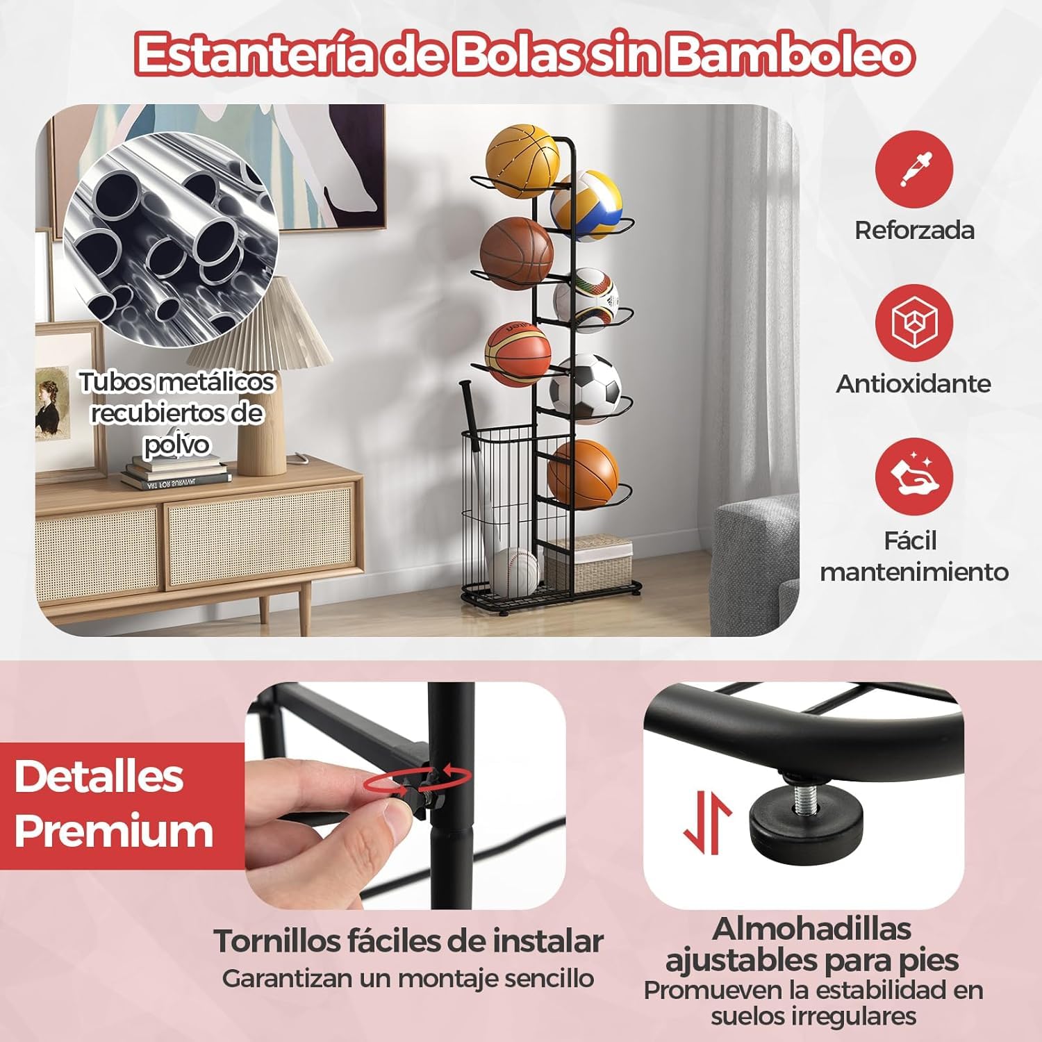 GOPLUS Estante para Pelotas de 7 Niveles, Soporte Vertical Independiente con Cesta Lateral y Barras Colgantes Extraíbles, Organizador de Equipos Deportivos para Baloncesto Fútbol Voleibol Rugby