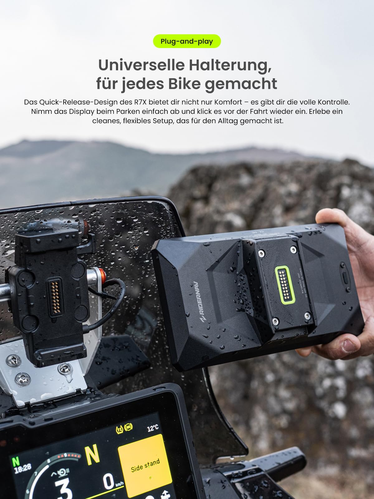 R7X Kabelloses Motorrad-Display für Apple CarPlay & Android Auto, Quick-Release-Halterung, 7" 1200 Nits 60fps Display, IP69K Wasserdicht, Action-Kamera-Steuerung, Universelle Passform