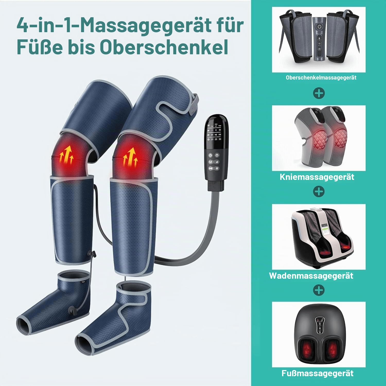 Beinmassagegerät mit Wärme für die Durchblutung, Luftkompressions-Fuß-, Waden-, Oberschenkel-Knie-Massagegerät zur Schmerzlinderung, 4 Modi, 4 Intensitäten, 2 Wärmestufen, 10 * 2 Airbags