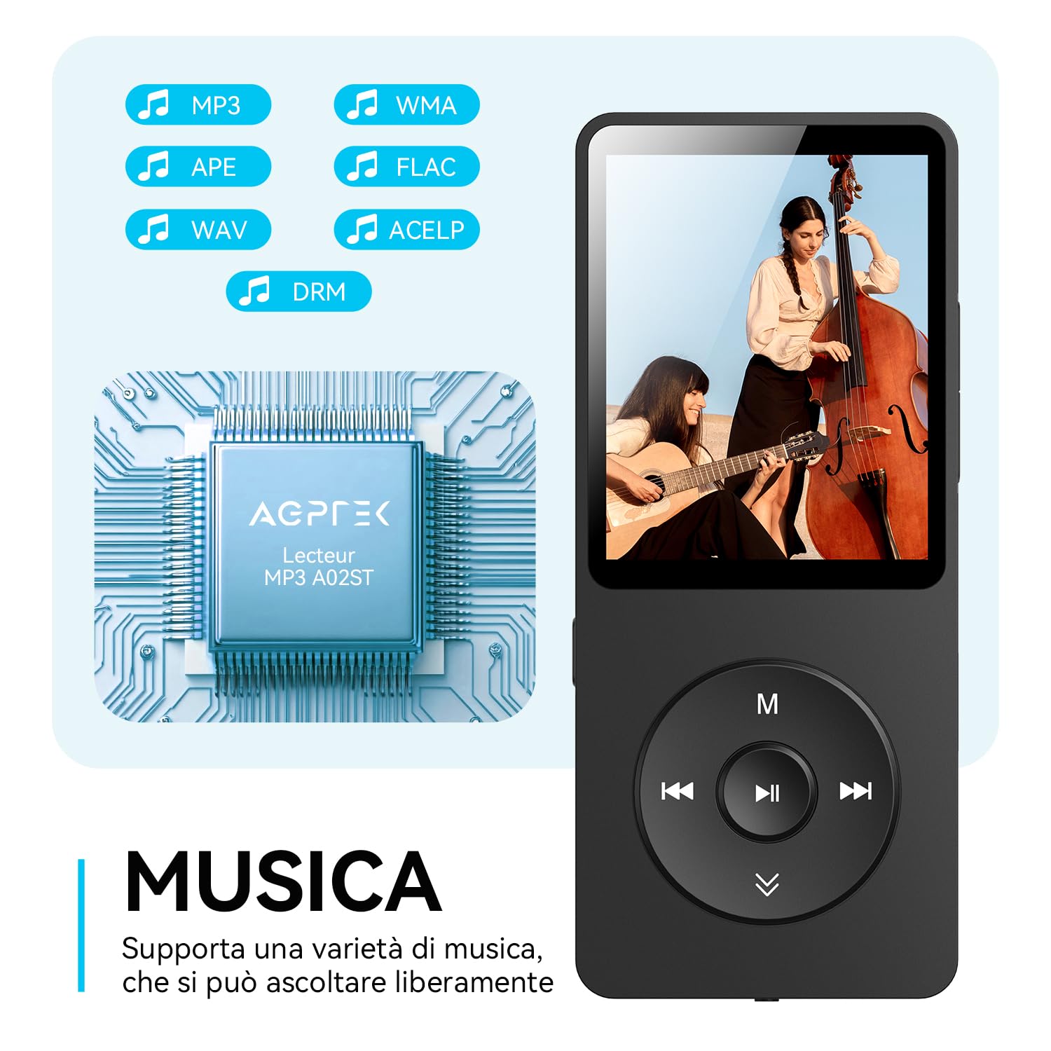 AGPTEK Lettore MP3 Bluetooth 5.3,16GB MP3 Player con Altoparlanti Integrati