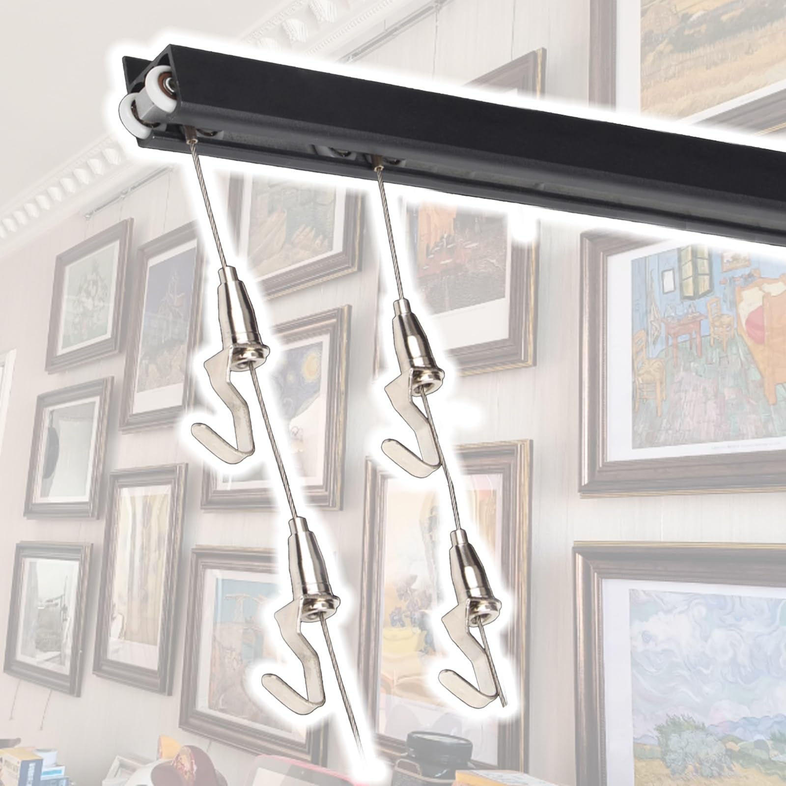 Bildaufhängeschiene Einfaches Fotowandsystem Mit Verschiebbarer Aluminium-Aufhängeschiene Für Bilderanordnungen, Galerie-Set Haken Für Familienfotos(2m/79"/6.6' Cable,L 2m/6.6' rail)