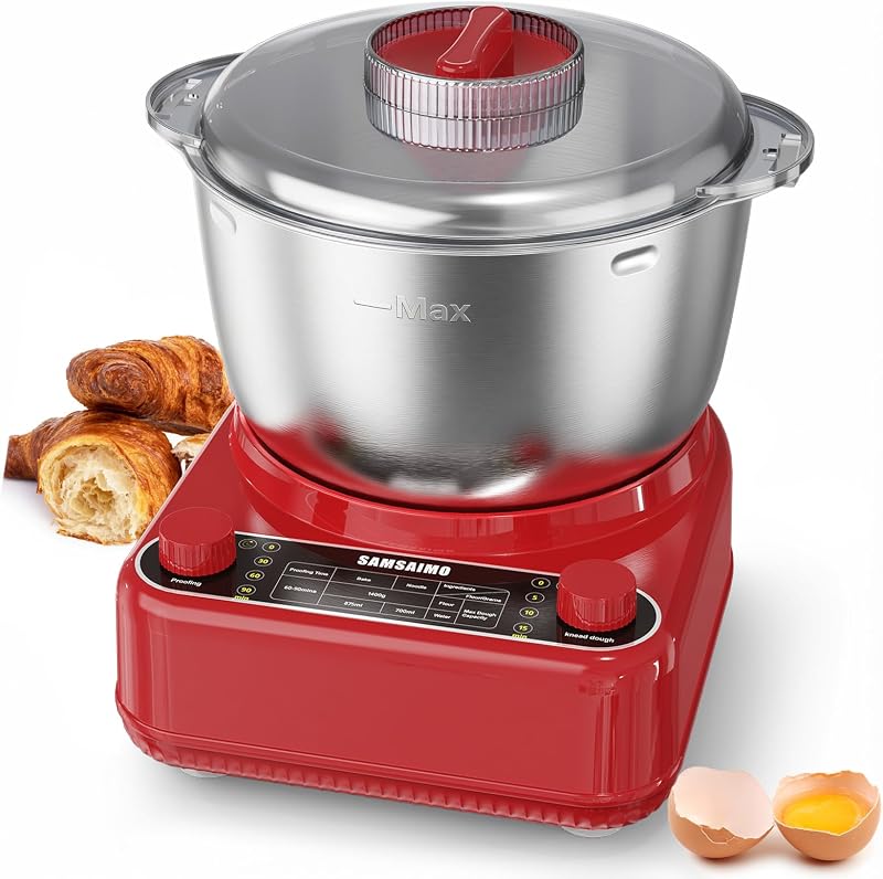 Amasadora eléctrica con función de fermentación, batidora de masa de pie de 6.5 cuartos, máquina amasadora de masa con tazón de acero inoxidable 304, tapa extraíble y control de perilla, ideal para pan, pizza, pasta - Rojo Imperio