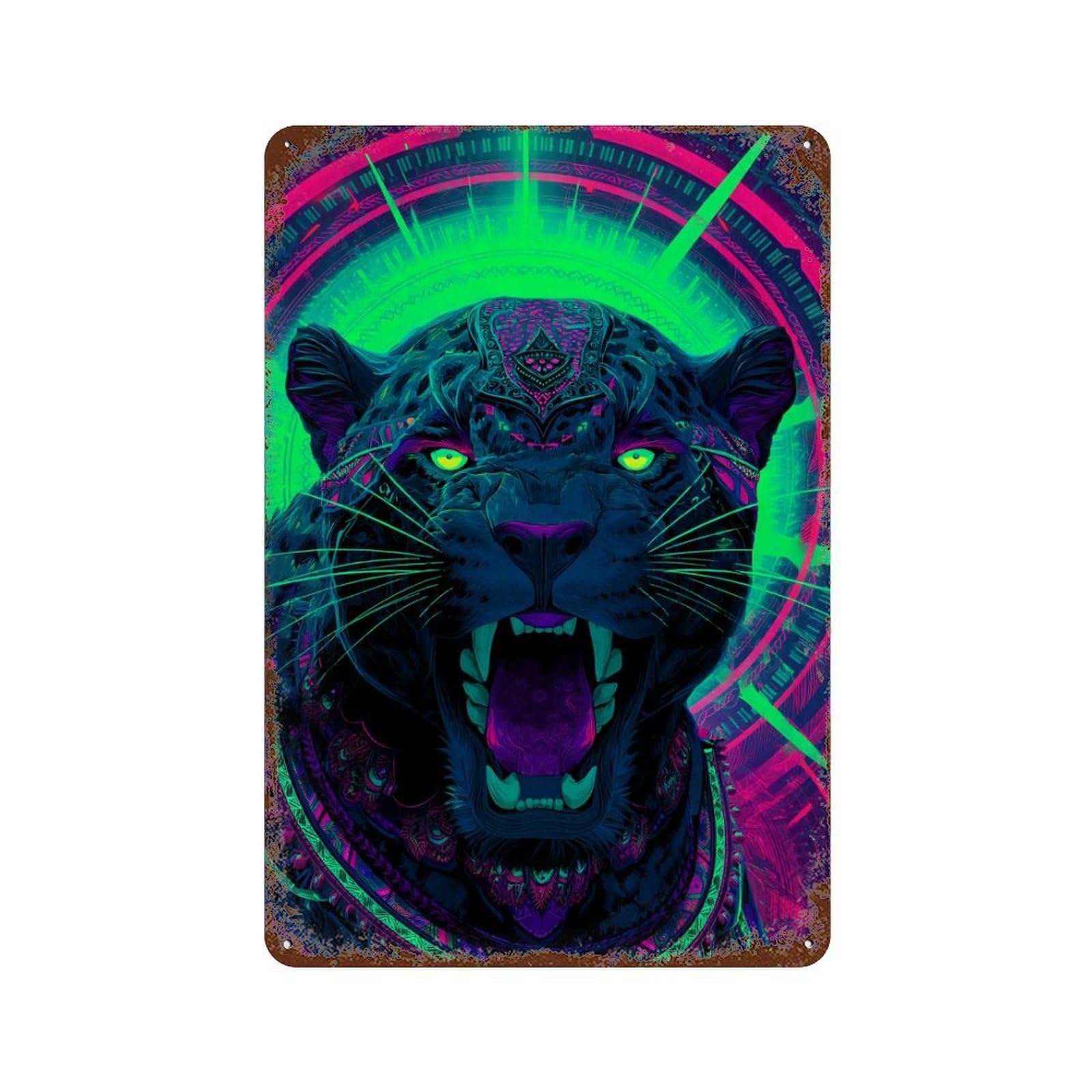 Neon Panther Art Print Rust Effect Tin Sign 11.8"x7.9", Vintage Wall Decor for Pub, Kitchen And Man Cave Decor