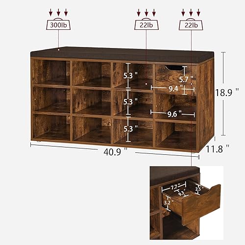 Miniatura 3 de DINZI LVJ Banco de zapatos, banco de almacenamiento de entrada con cajón y 11 cubículos, zapatero con estantes ajustables, armario organizador de