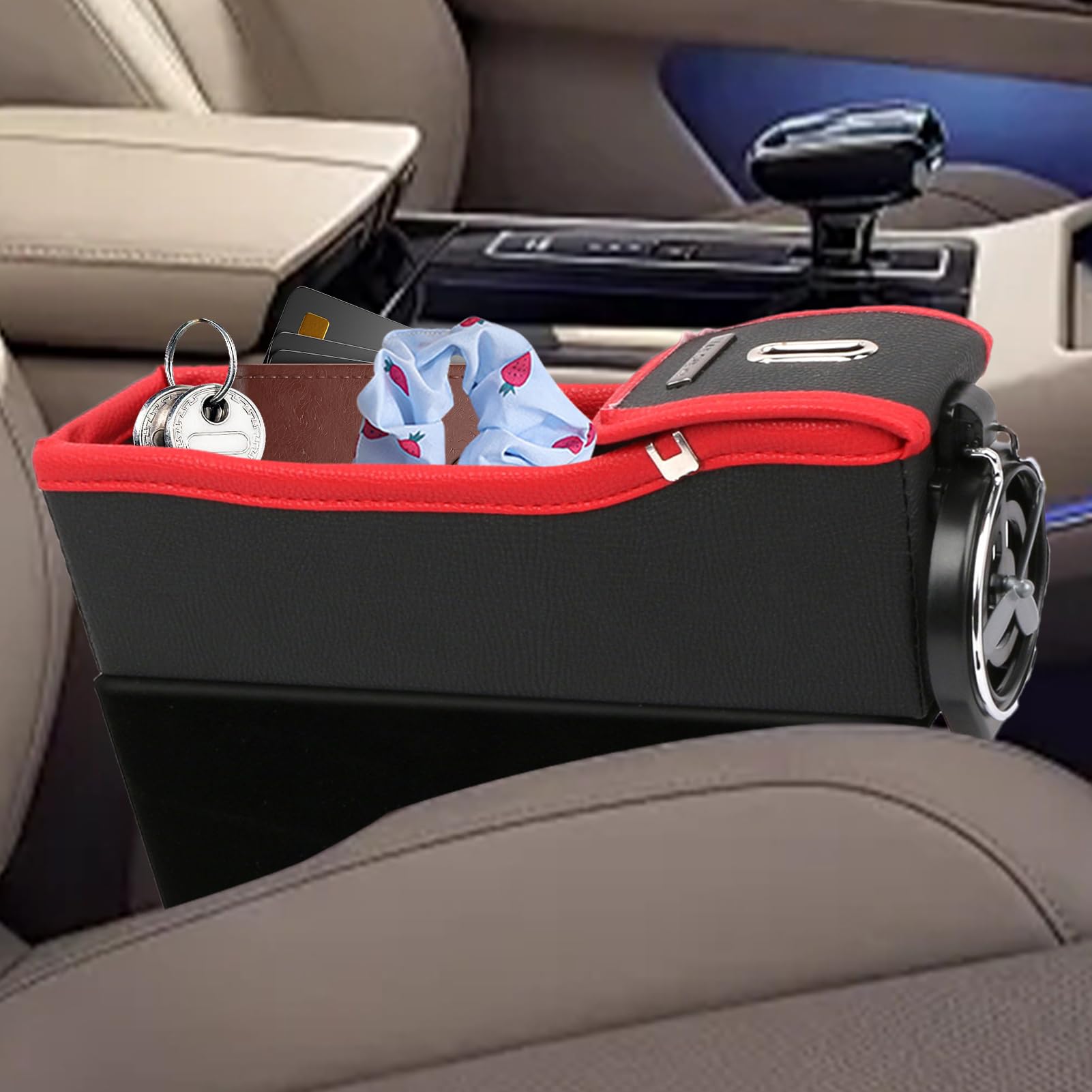 Autositz-Fugendüse – Premium-Leder-Konsolen-Seiten-Aufbewahrungsbox, integriertes Getränkehalter-Design, Fahrzeugspaltplatz-Anordnungszubehör, sichere Platzierungslösung für persönliche Gegenstände |