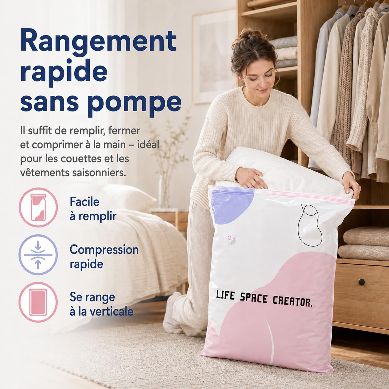 Life Space Creator Vacuum Storage Bags Without Pump,100 * 80 * 30cm (8) | Design 3D autoportante per un utilizzo semplice con una sola mano, chiusura ermetica ideale per vestiti, coperte e viaggi.