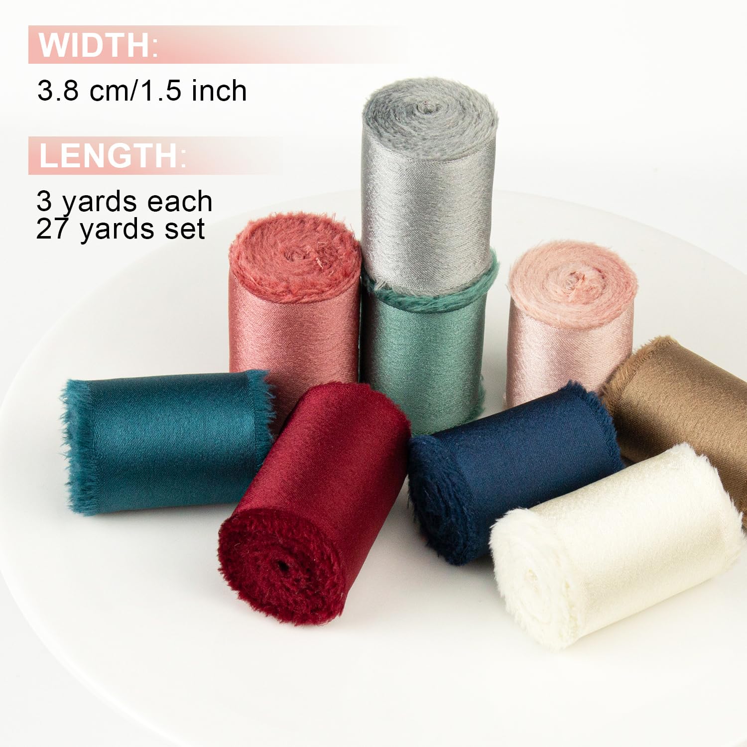 Assorted Silk Satin Ribbon 1-1/2 Inch x 27 Yards Handmade Fringe Silky Chiffon Frayed Fabric Ribbons for Flower Bouquet, Gift Wrapping, Wedding, Crafts, Bridal Shower, Baby Shower, Christmas