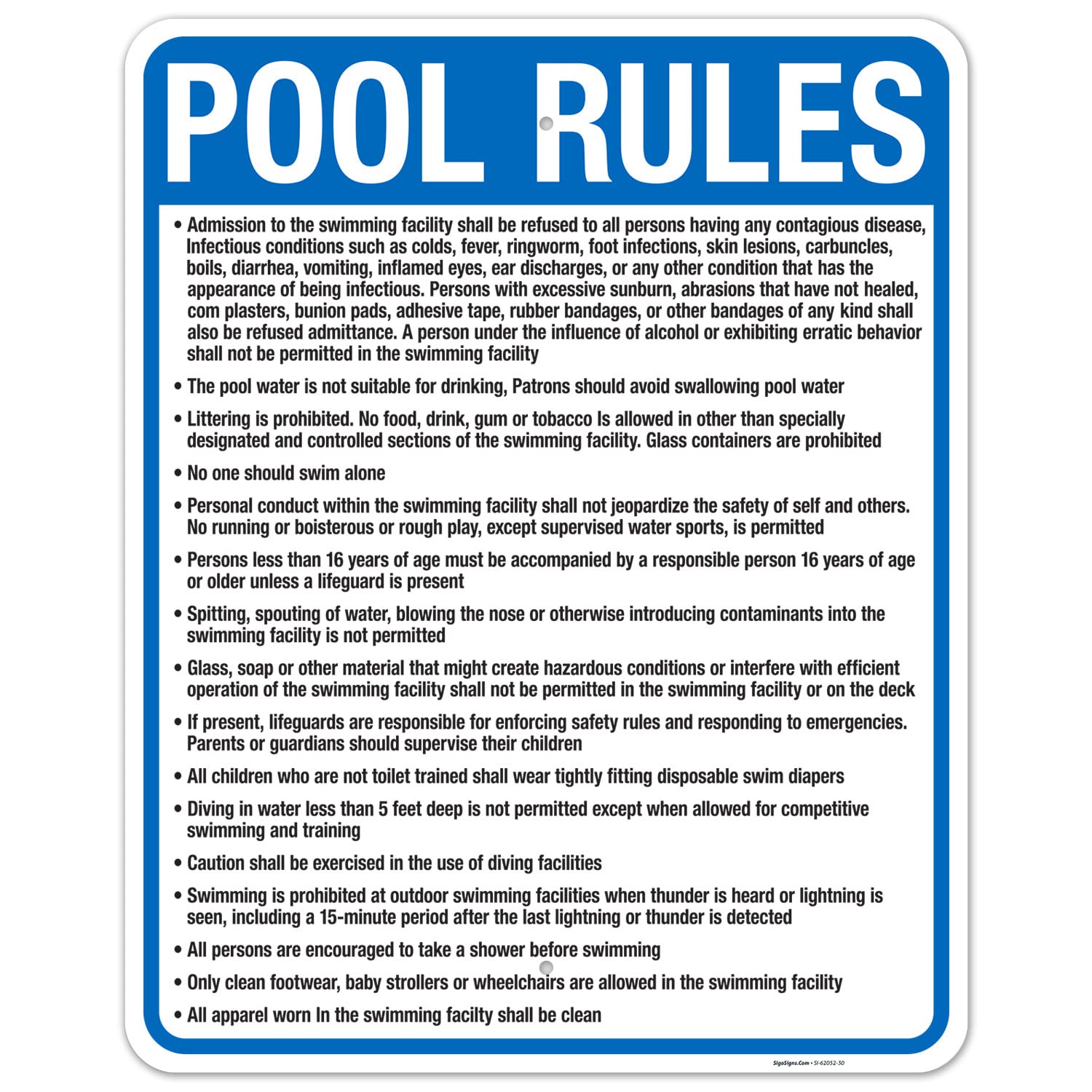 Illinois Pool Rules Sign, Complies with State of Illinois Pool Safety Code, 24x30 Inches, Rust Free .063 Aluminum, Fade Resistant, Made in USA
