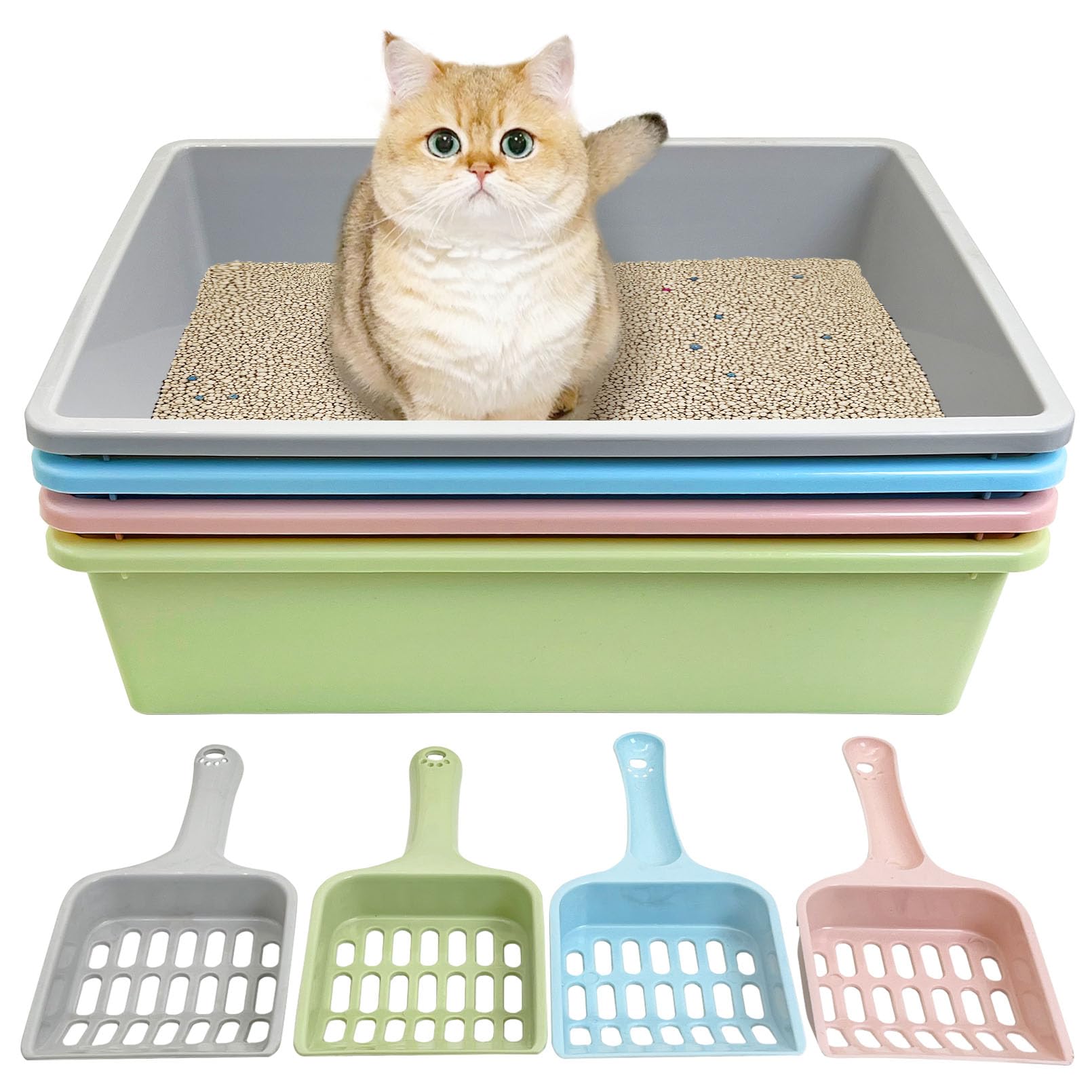 kathson Offene Katzentoilette mit Schaufeln aus Kunststoff, mittlere Hasentoilette, niedriger Eingang, Katzentoilette für Welpen und andere Kleintiere, 38,1 x 28,9 x 10,2 cm, 4 Stück