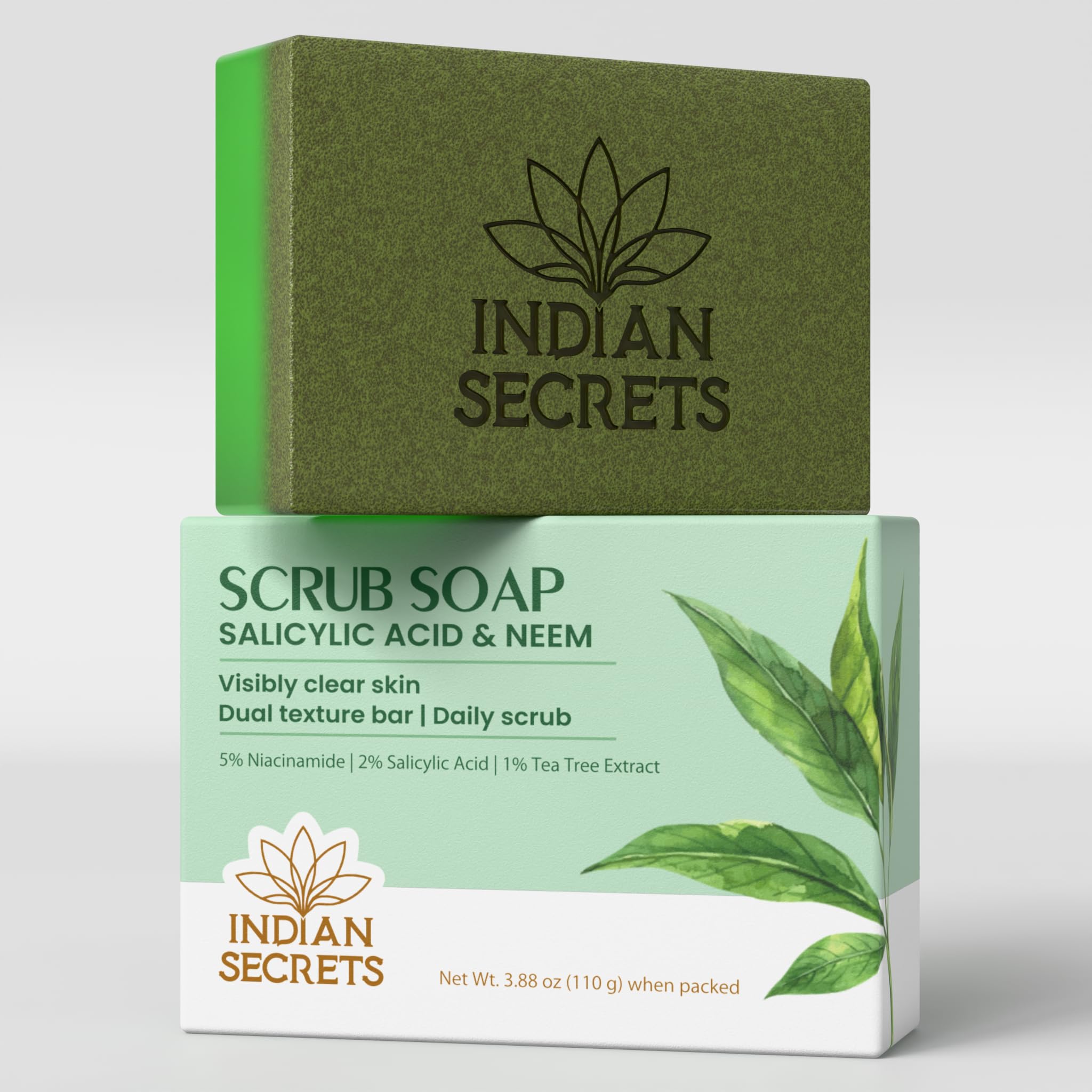 INDIAN SECRETS Scrub Soap with Salicylic Acid & Neem – Exfoliating Body & Face Soap – Enriched with Niacinamide, Tea Tree Extract, Neem, Salicylic Acid - 110g/3.88Oz