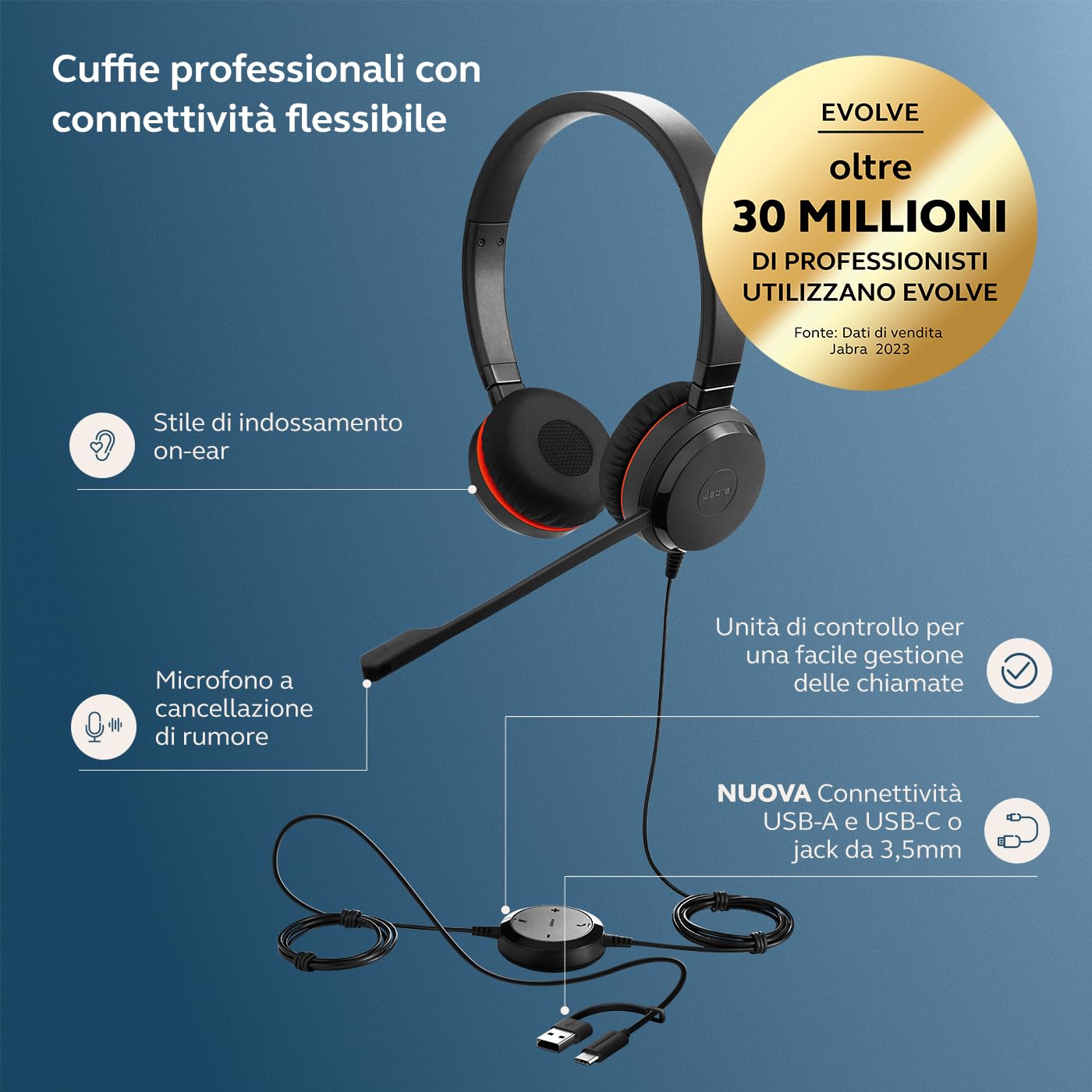 Jabra Evolve 30 II, cuffie stereo con cavo certificate Microsoft Teams con unità di controllo chiamate, microfono a cancellazione del rumore, indicatori LED, eccellente qualità del suono - USB-C/A,