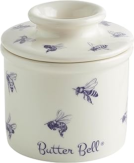Butter Bell - The Original Butter Bell crock by L Tremain, a Countertop French Ceramic Butter Dish Keeper with Lid for Spreadable Butter, Farmhouse Collection, Honey Bees, Blue & White