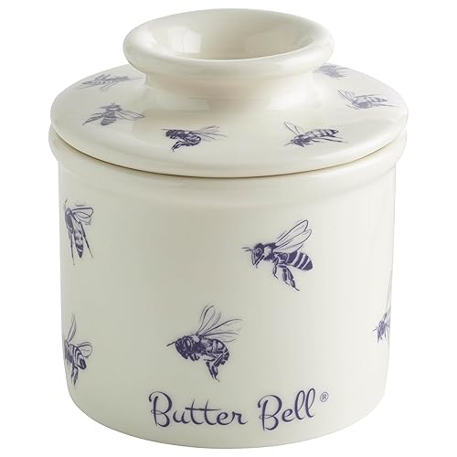 The Original Butter Bell crock by L Tremain, a Countertop French Ceramic Butter Dish Keeper with Lid for Spreadable Butter, Farmhouse Collection, Honey Bees, Blue & White - BB-HNBEE