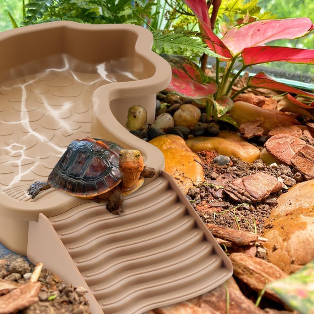 MEISO Abreuvoir Tortue Terrestre, Plat d'eau Bassin pour Tortue de Piscine avec Rampe, Bol d'eau pour Reptiles avec Échelle, Mangeoire Tortues Terrestre, pour Tortues, LéZards Et Gecko (Brown)