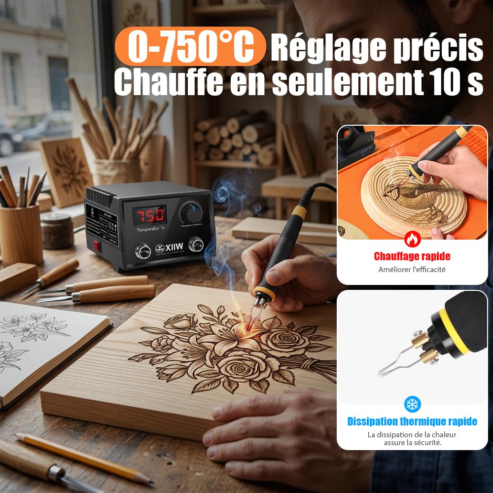 XIIW Kit de Pyrograveur sur Bois Professionnel 100W avec 2 Stylo 23 Pointes | Température Réglable 0-750°C | Graveur Bois avec LCD Stylo à Pirogravure Fer à Souder pour Adulte, Cuir, Lettre