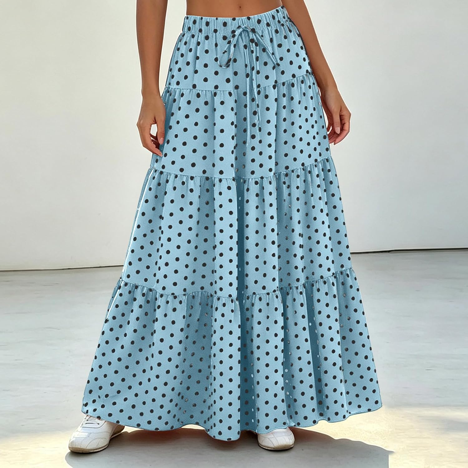 Women's Polka Dot Flowy Maxi Skirt A-Line Long Skirt with Pockets | Casual Long Skirts for Women Boho Swing A Line High Waisted Tiered Flowy Maxi Skirt Polka Dot Beach Skirts with Pockets