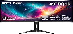 GIGABYTE - AORUS CO49DQ - 49 polegadas QD OLED - 5120x1440 DQHD 32:9-1800R - 144Hz - 0,03ms GTG - AMD FreeSync Premium Pro - Super Ultrawide - KVM - HDMI, DP, Tipo C - Altura ajustável - Preto