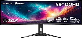 GIGABYTE - AORUS CO49DQ - 49 polegadas QD OLED - 5120x1440 DQHD 32:9-1800R - 144Hz - 0,03ms GTG - AMD FreeSync Premium Pro - Super Ultrawide - KVM - HDMI, DP, Tipo C - Altura ajustável - Preto