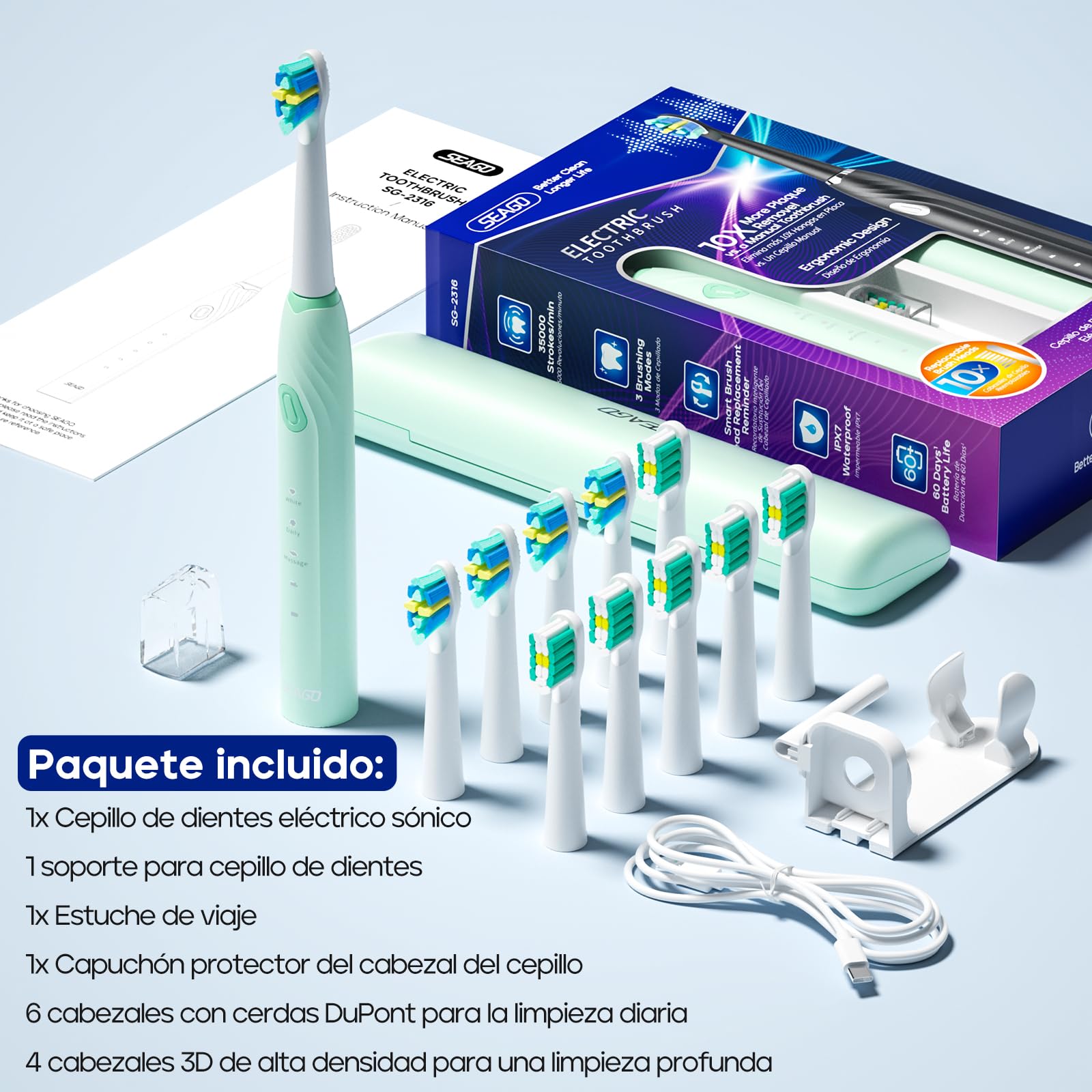 seago cepillo de dientes eléctrico sónico adultos, cepillo electrico con 10 cabezales y diseño ergonómico científico. temporizador, estuche y 60 días de utilización para viaje,Verde