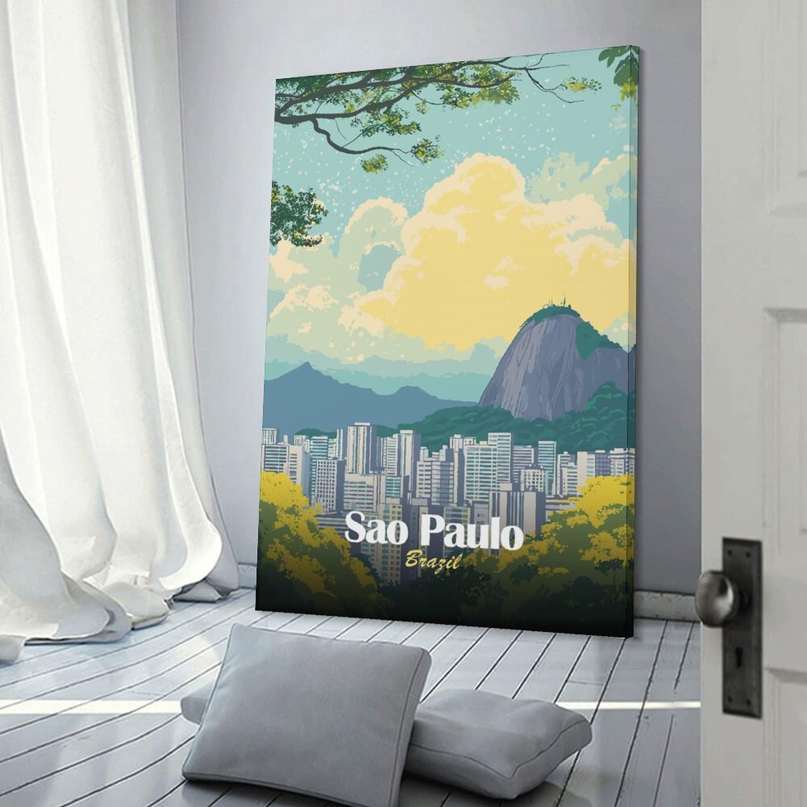 Junmoney Sao Paulo, Brazil Cityscape Illustration Wall Art Print, 24x36inch(60x90cm), for Wall Displays, Bedrooms Or Room Updates, A Versatile Canvas Print for Layering