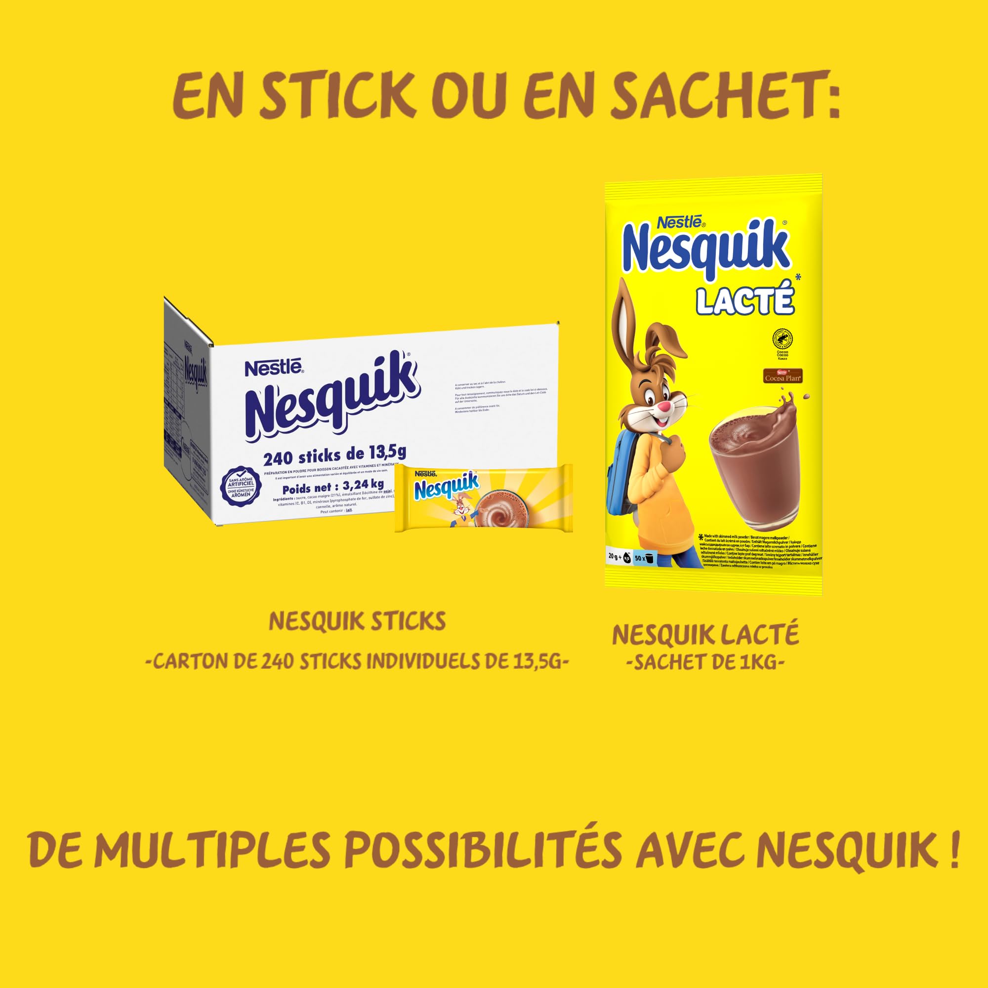 NESQUIK Sticks Chocolat en Poudre - Dose Individuelle 13,5g - Cacao en Poudre à Mélanger avec du Lait - Préparation Instantanée pour le Petit Déjeuner - Carton de 240 Dosettes de 13,5g