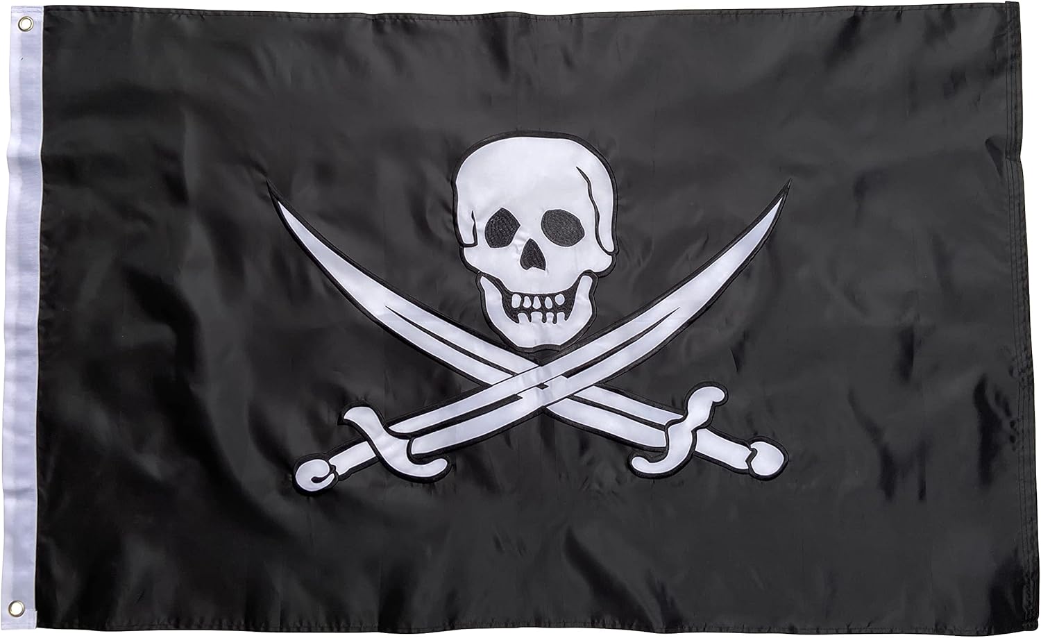 Pirate Flag 3x5 FT – Outdoor Nylon Jolly Roger (Calico Jack) with Double-Sided Embroidery, Skull & Crossed Swords Design, Heavy-Duty Canvas Header & Brass Grommets for Boats or Home Display