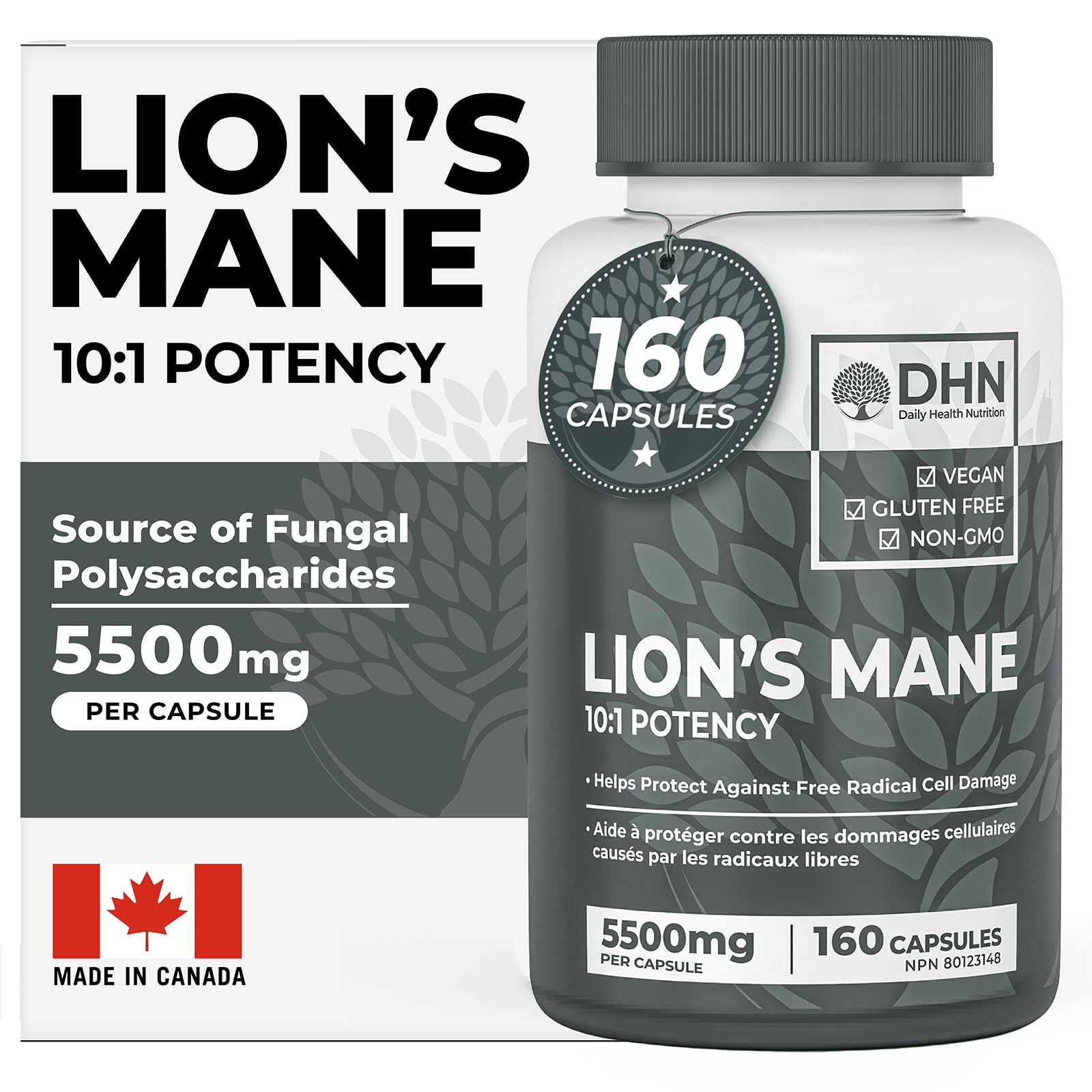 Lions Mane Supplement | 160 Vegan Capsules of Premium Lion's Mane Mushroom Powder | Antioxidant & Immune Support | Natural Nootropic Brain Supplement | 100% Fruiting Bodies | Canadian Made, Quality Assured