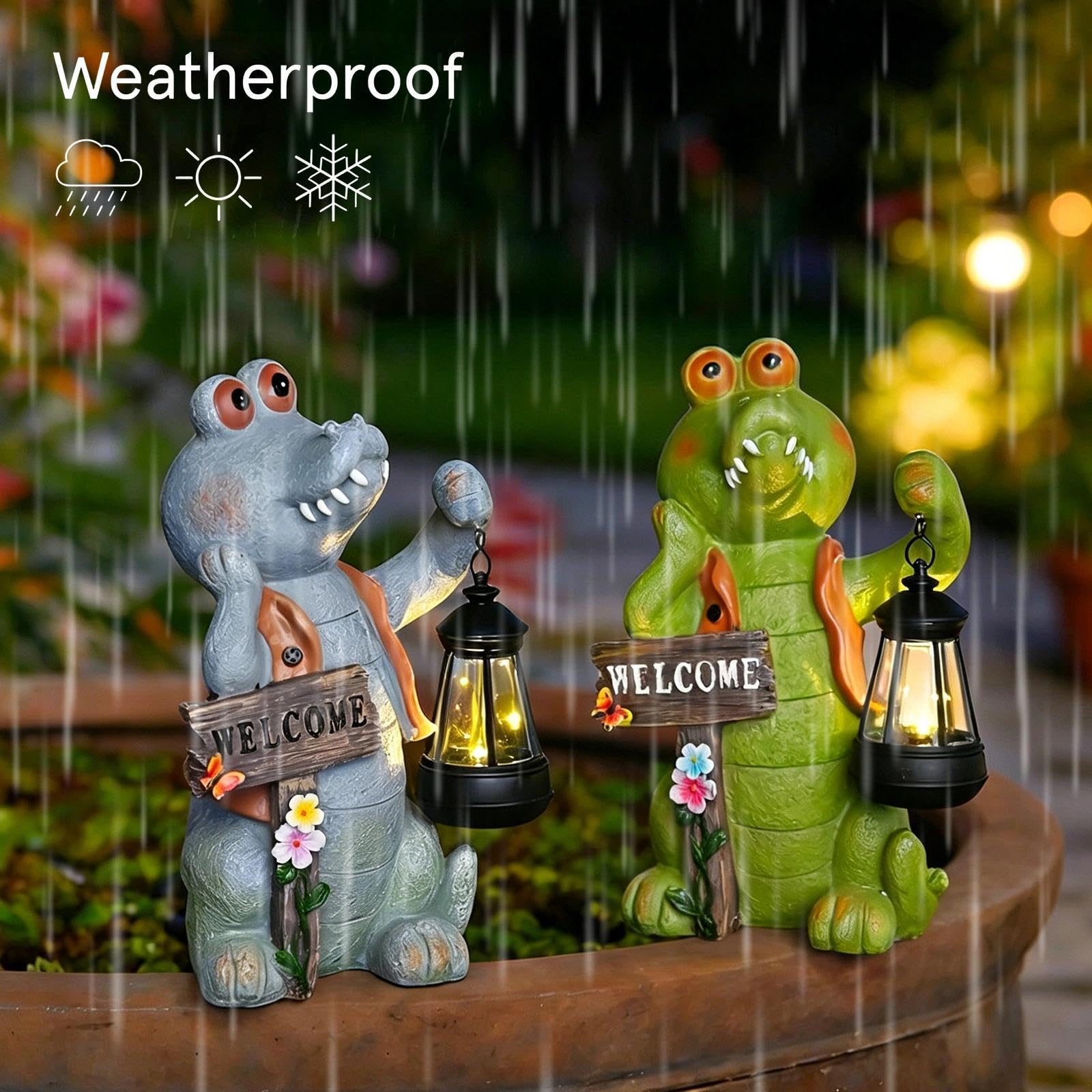 Solar Krokodil Gartenfigur,Niedliche Krokodilstatue mit LED Laterne,Lustiges Krokodil Figur mit Welcome Schild,Automatisch Wetterfest,Tierdeko für Außen Garten Rasen Terrasse Hof Balkon(Grau)