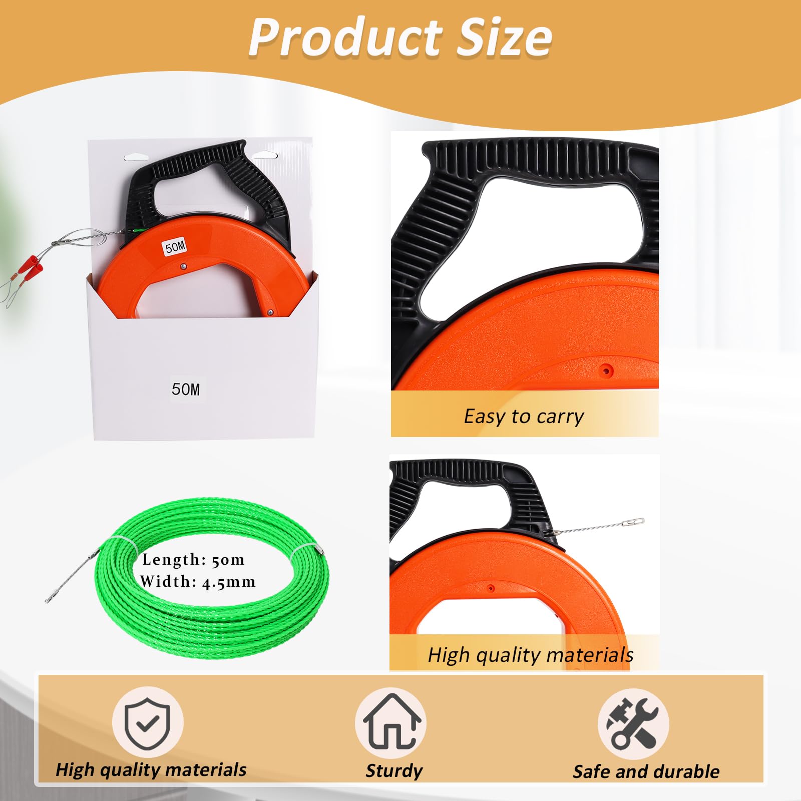 Ayuda cuesta arriba de cable de carbón 50m, 4.5 mm, tirar de la espiral con 2 resortes de guía, alambre de tren con carcasa de plástico y manija, pull en resorte para el cable (naranja)